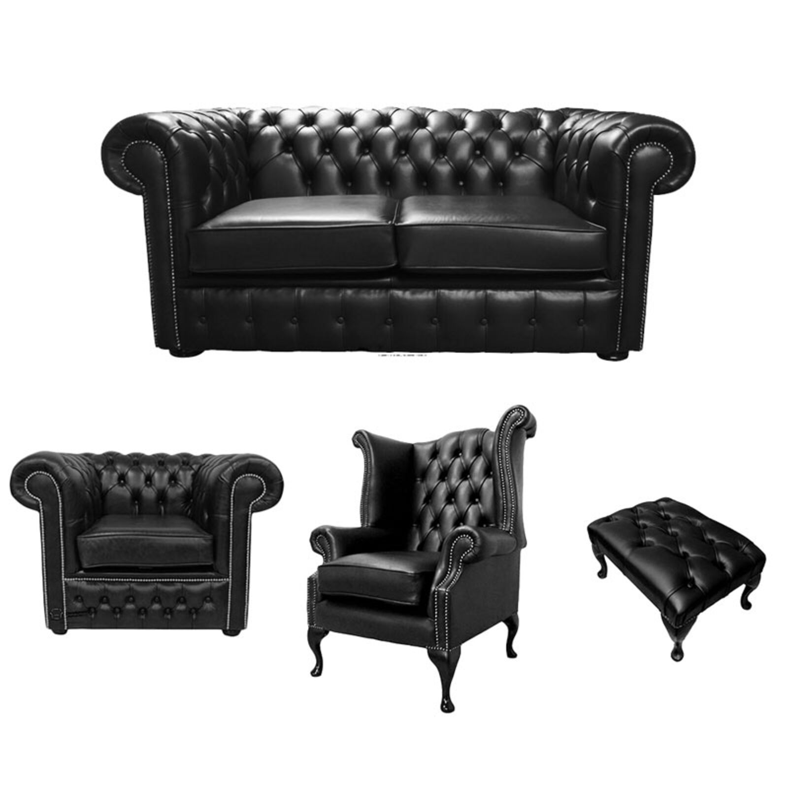 Product photograph of Chesterfield 2 Seater Sofa Club Chair Queen Anne Chair Footstool Old English Black Leather Sofa Offer from Designer Sofas 4U