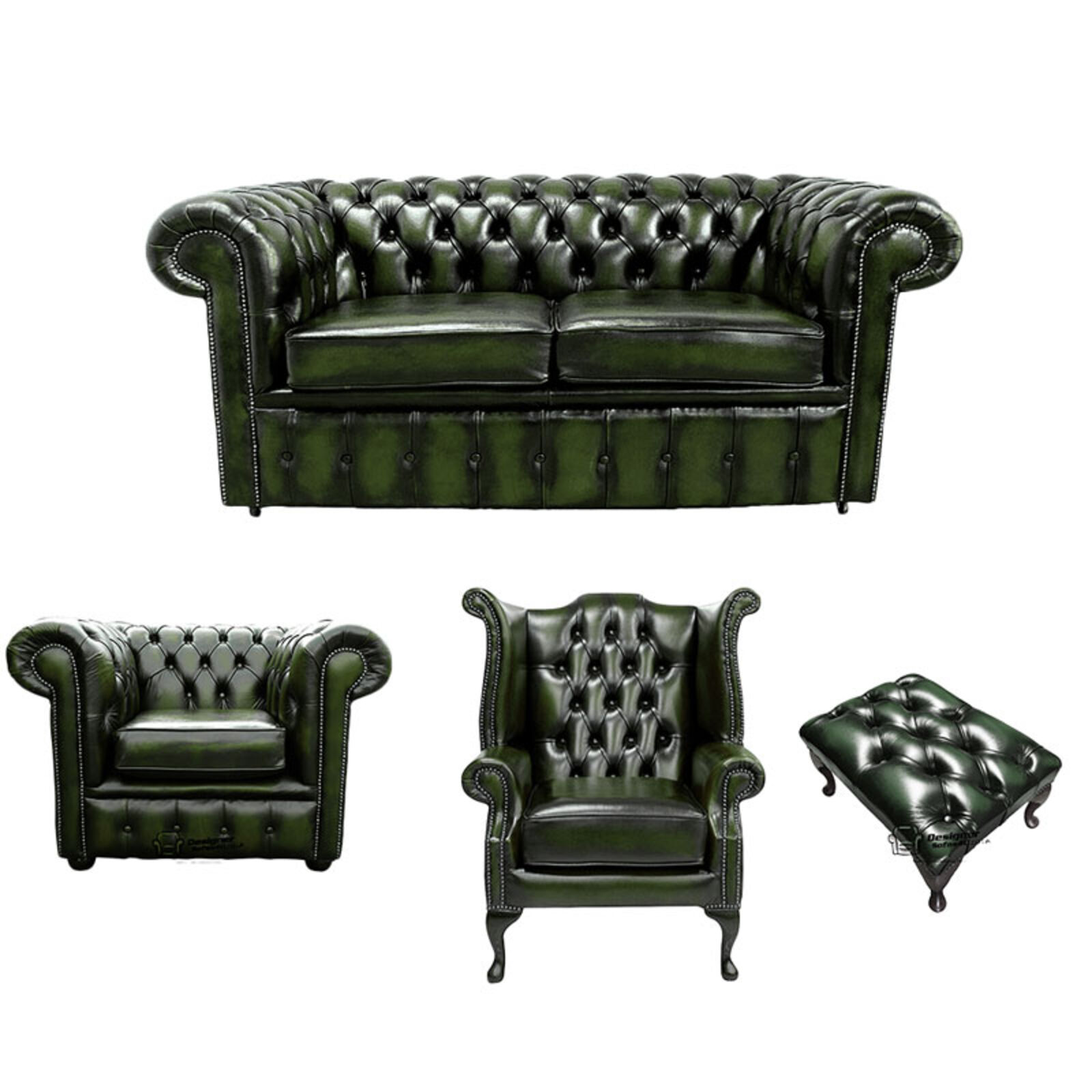 Product photograph of Chesterfield 2 Seater Sofa Club Chair Queen Anne Wing Chair Footstool Leather Sofa Suite Offer Antique Green from Designer Sofas 4U