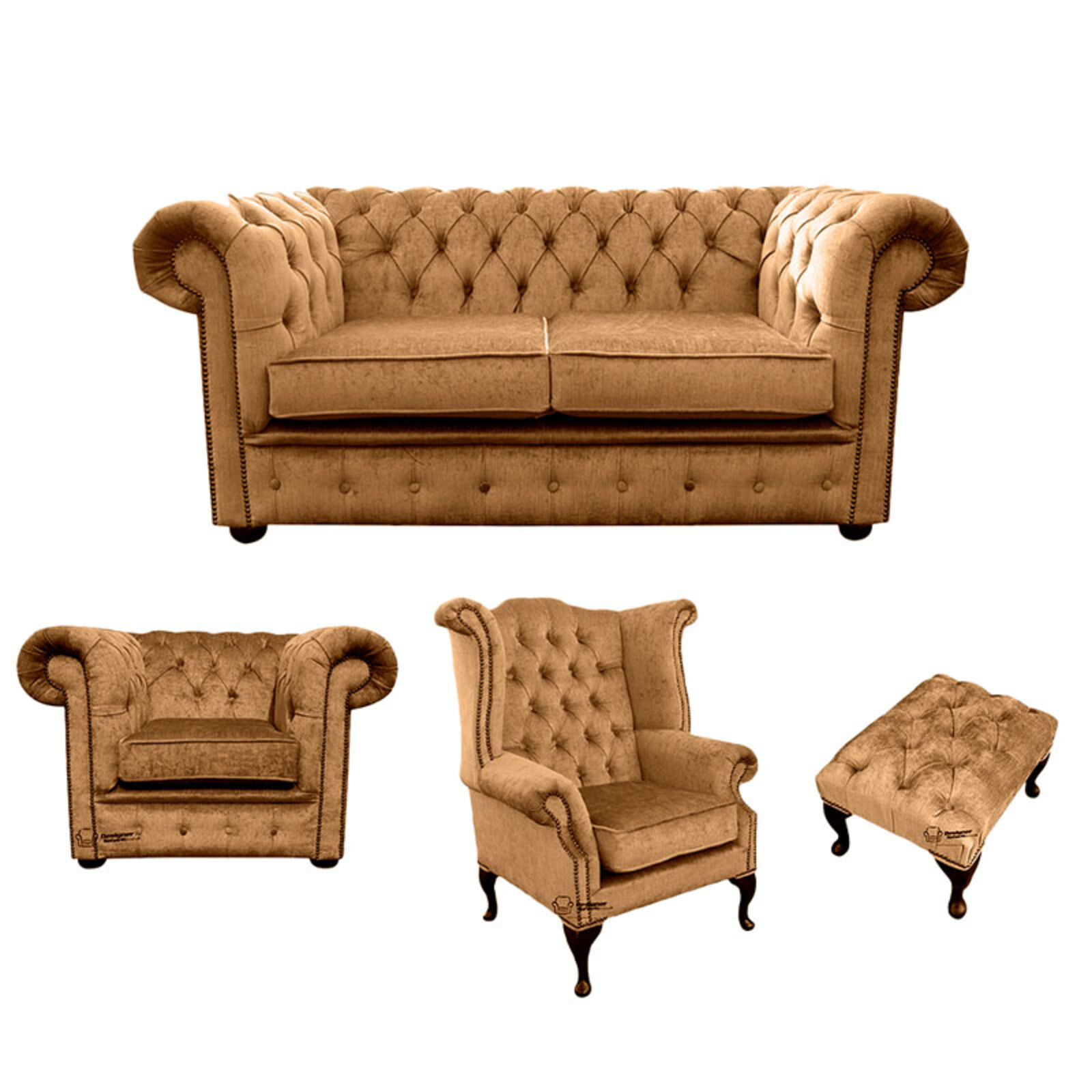Product photograph of Chesterfield 2 Seater Sofa Club Chair Queen Anne Chair Footstool Harmony Gold Velvet Sofa Suite Offer from Designer Sofas 4U