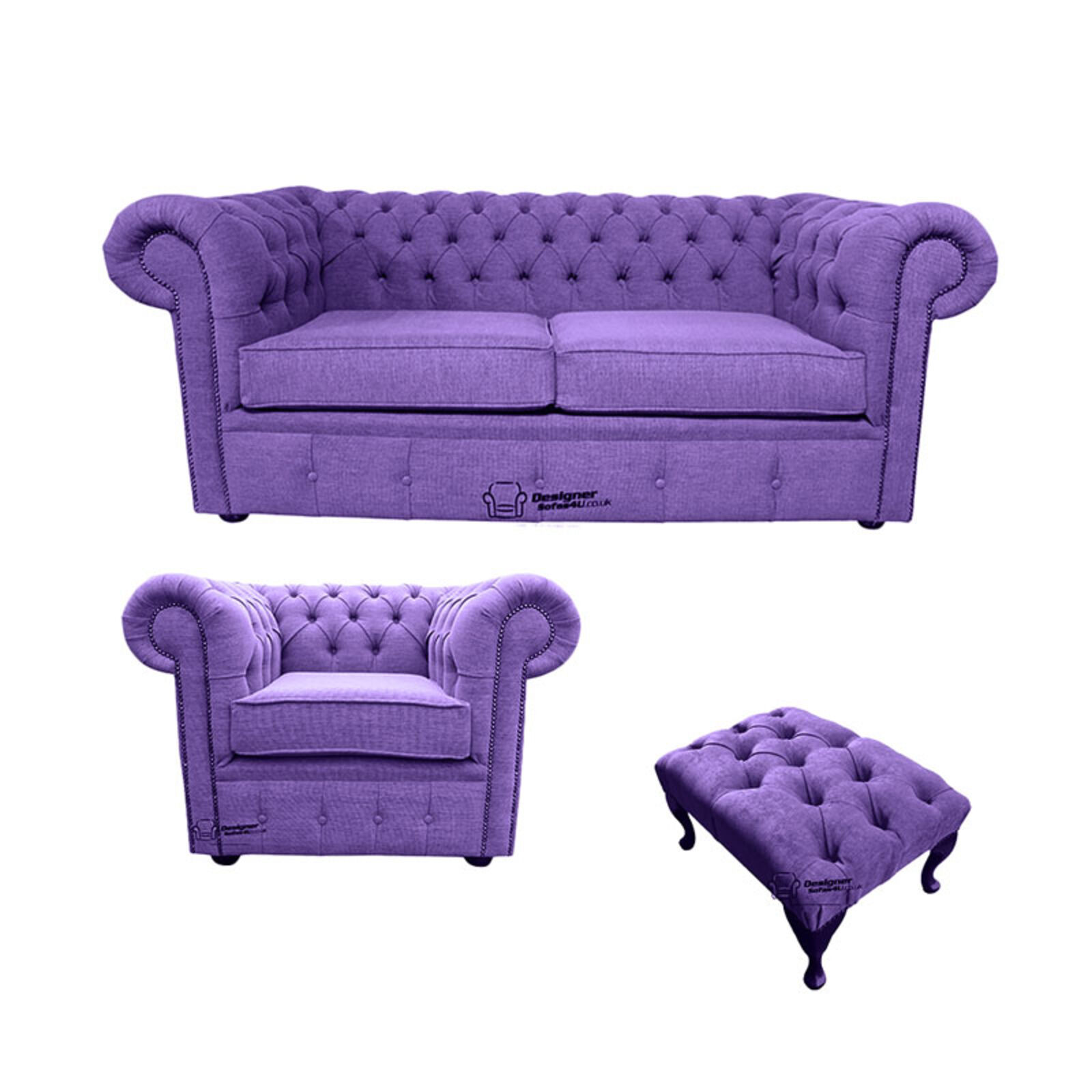 Product photograph of Chesterfield 2 Seater Sofa Club Chair Footstool Verity Purple Fabric Sofa Suite Offer from Designer Sofas 4U