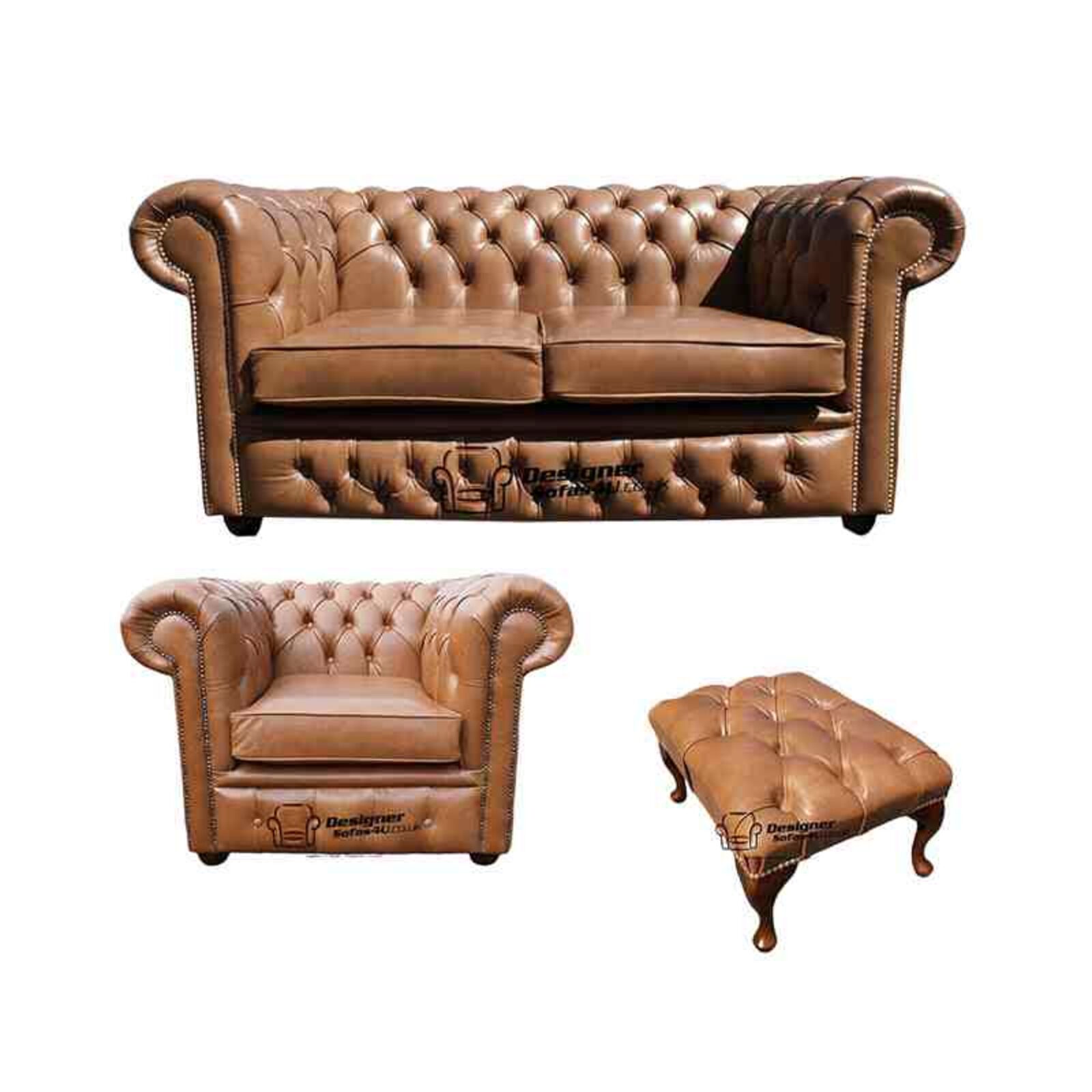Product photograph of Chesterfield 2 Seater Sofa Club Chair Footstool Old English Tan Leather Sofa Offer from Designer Sofas 4U