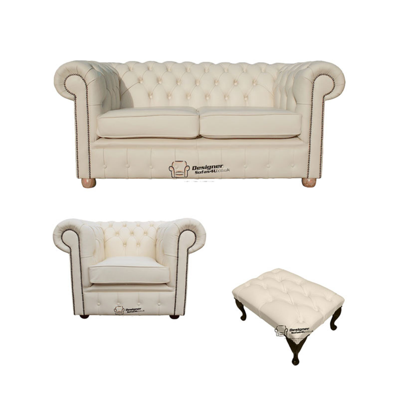 Product photograph of Chesterfield 2 Seater Sofa Club Chair Footstool Leather Sofa Suite Offer Cottonseed Cream from Designer Sofas 4U