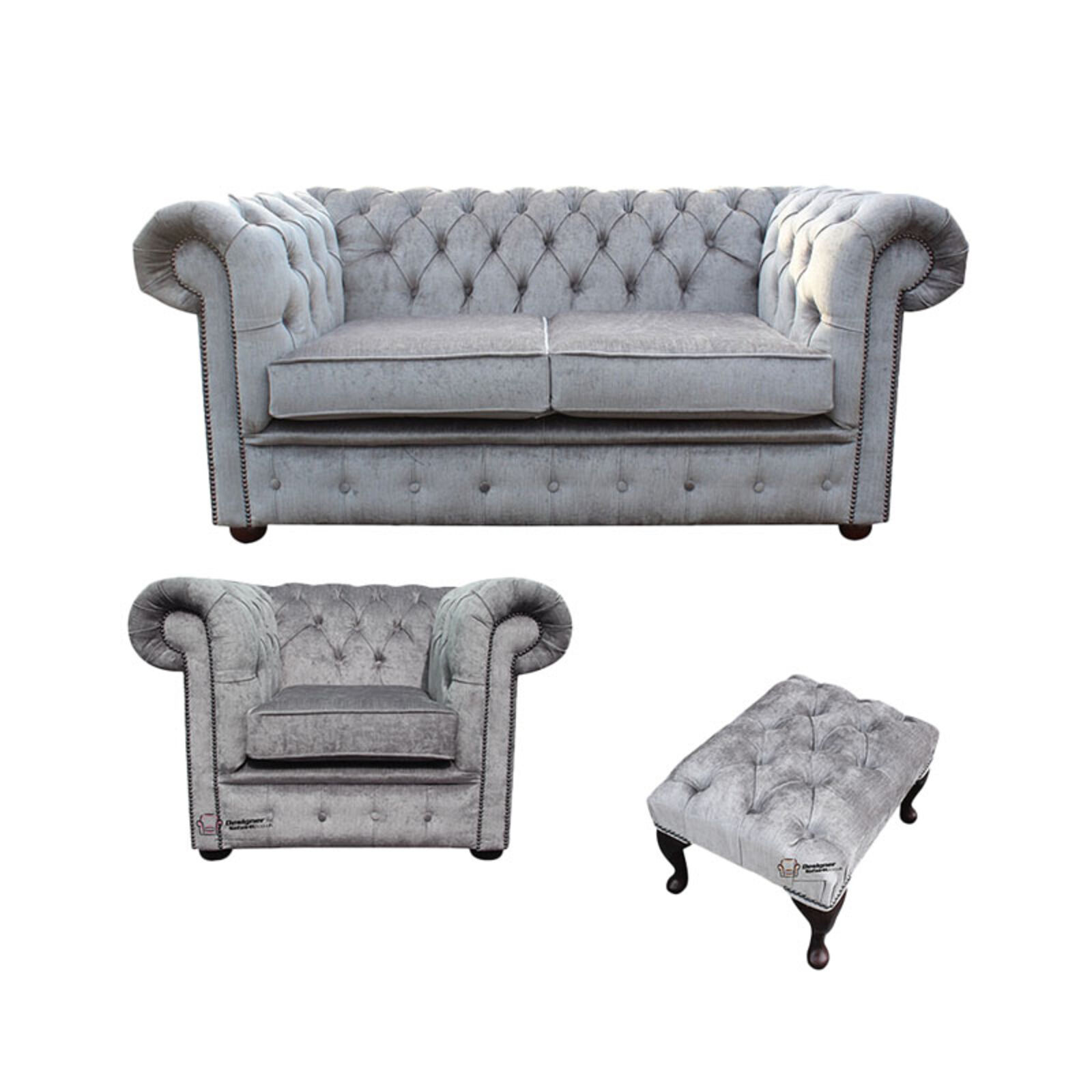 Product photograph of Chesterfield 2 Seater Sofa Club Chair Footstool Perla Illusions Velvet Sofa Suite Offer from Designer Sofas 4U