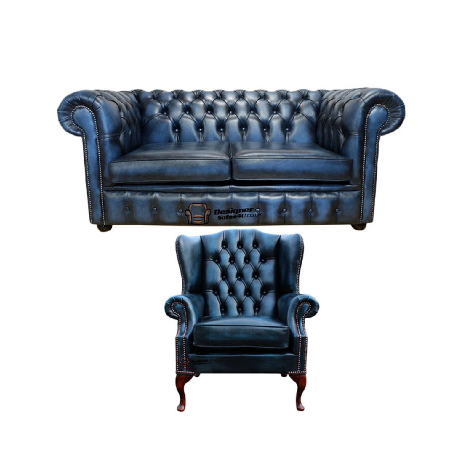 Product photograph of Chesterfield 2 Seater Sofa Mallory Wing Chair Leather Sofa Suite Offer Antique Blue from Designer Sofas 4U