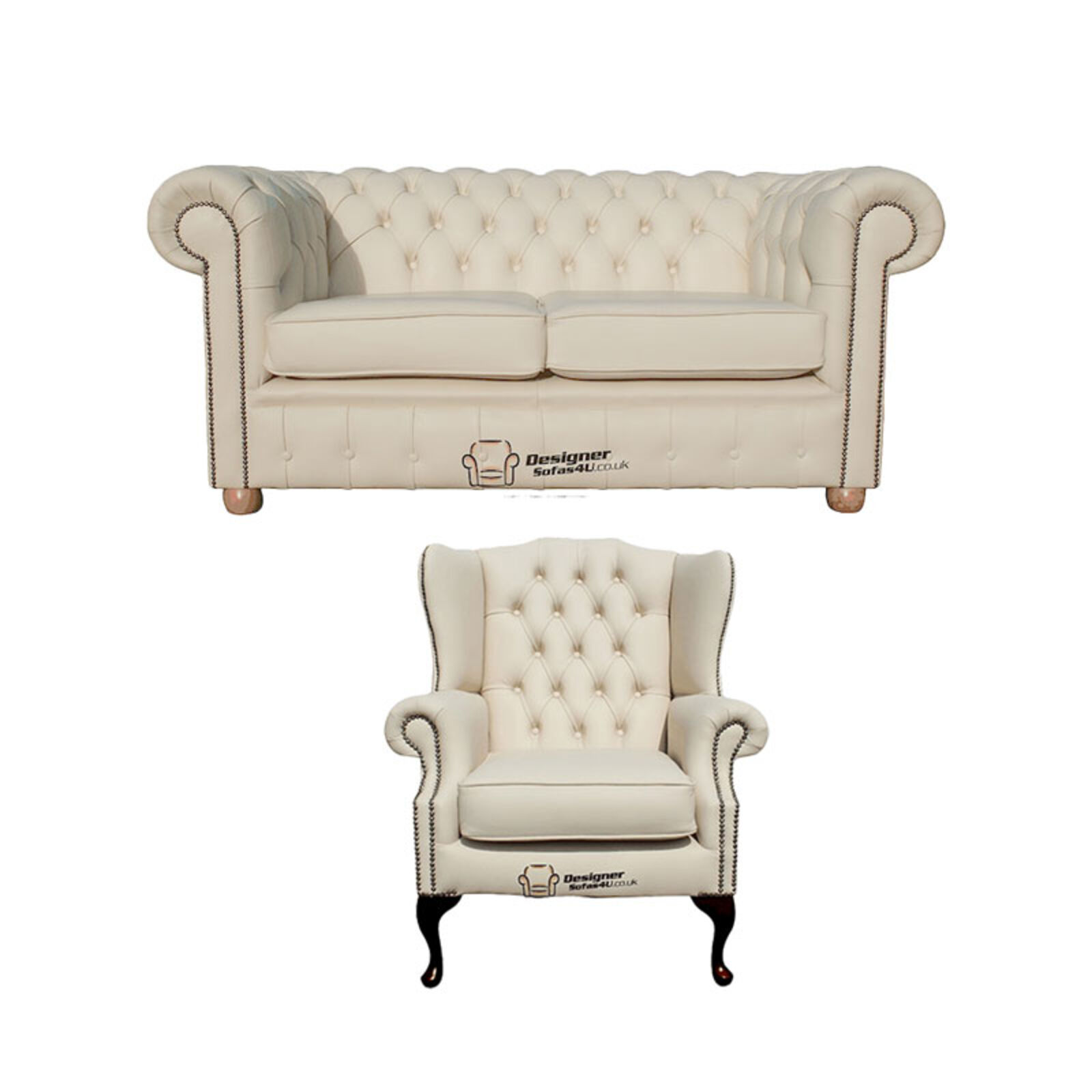 Product photograph of Chesterfield 2 Seater Sofa Mallory Wing Chair Leather Sofa Suite Offer Cottonseed Cream from Designer Sofas 4U
