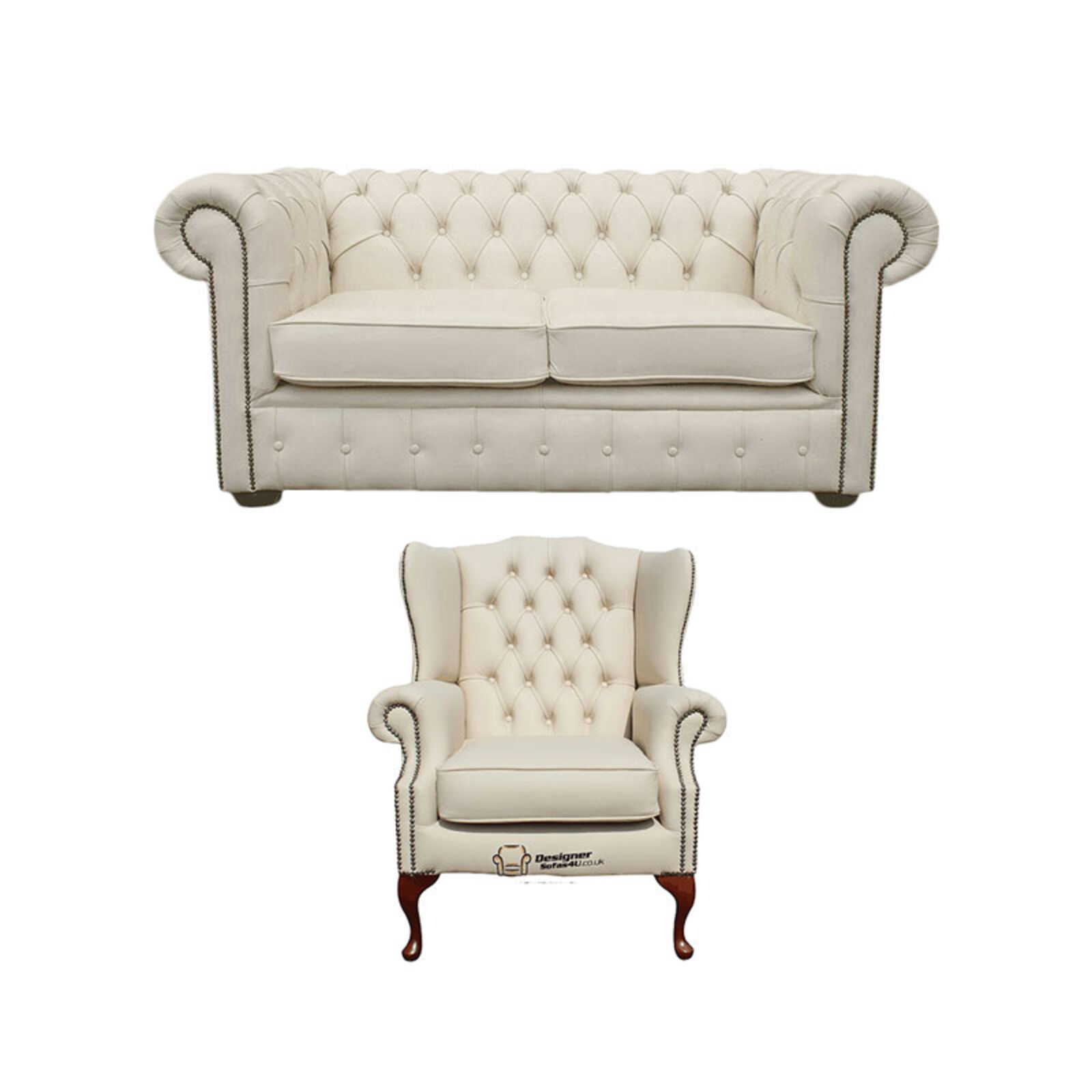 Product photograph of Chesterfield 2 Seater Sofa Mallory Wing Chair Leather Sofa Suite Offer Ivory from Designer Sofas 4U