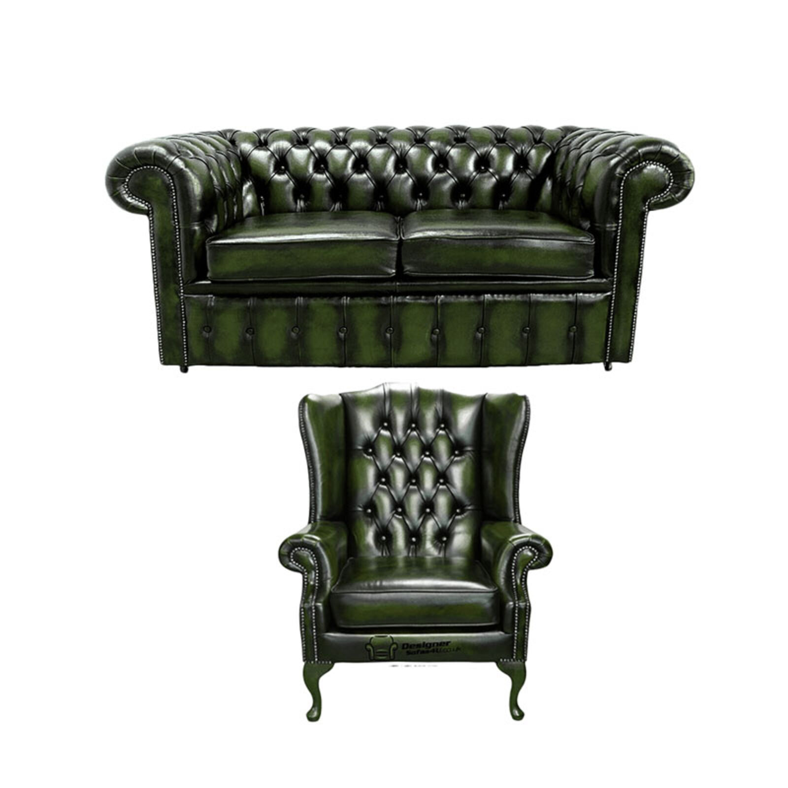 Product photograph of Chesterfield 2 Seater Sofa Mallory Wing Chair Leather Sofa Suite Offer Antique Green from Designer Sofas 4U