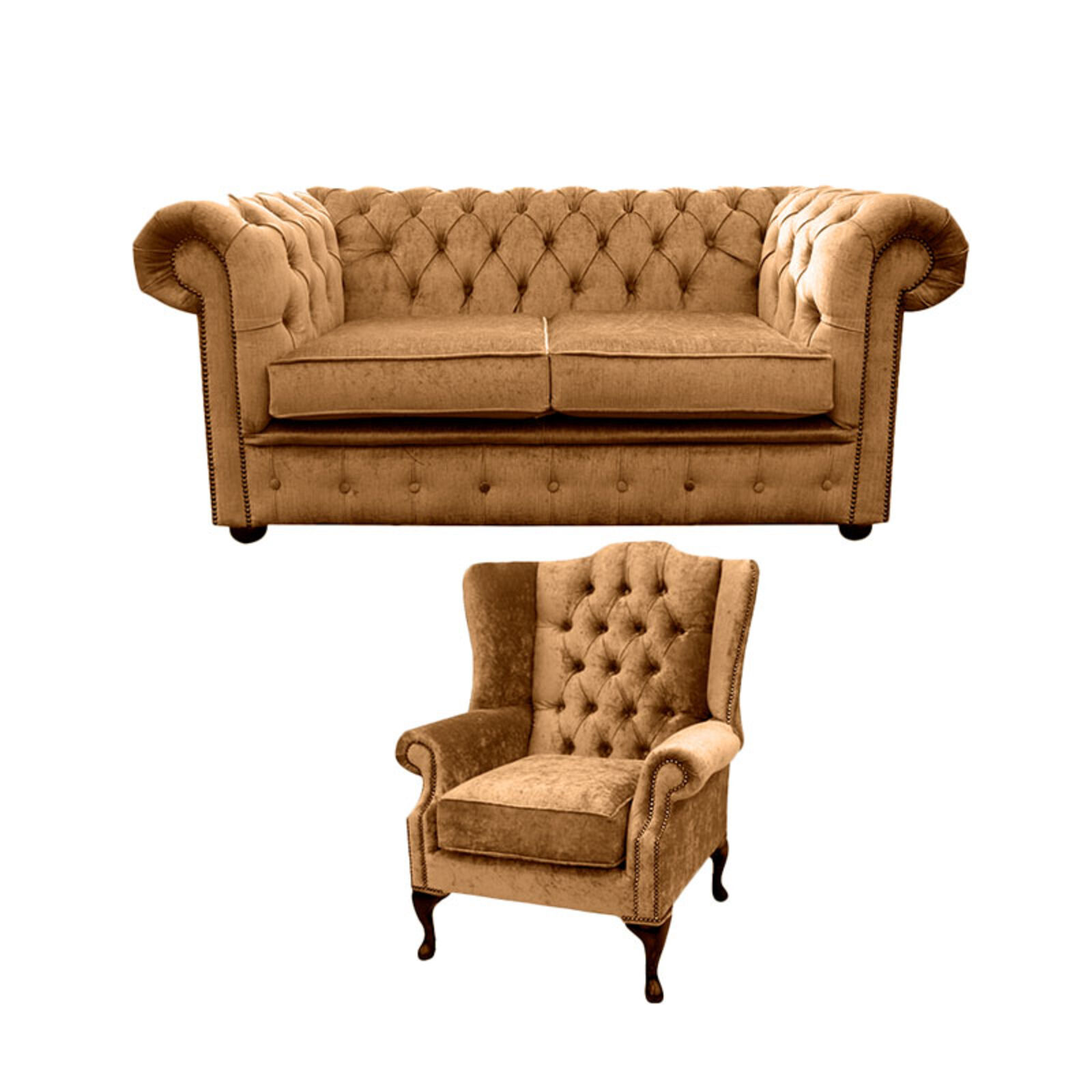 Product photograph of Chesterfield 2 Seater Sofa Mallory Wing Chair Harmony Gold Velvet Sofa Suite Offer from Designer Sofas 4U