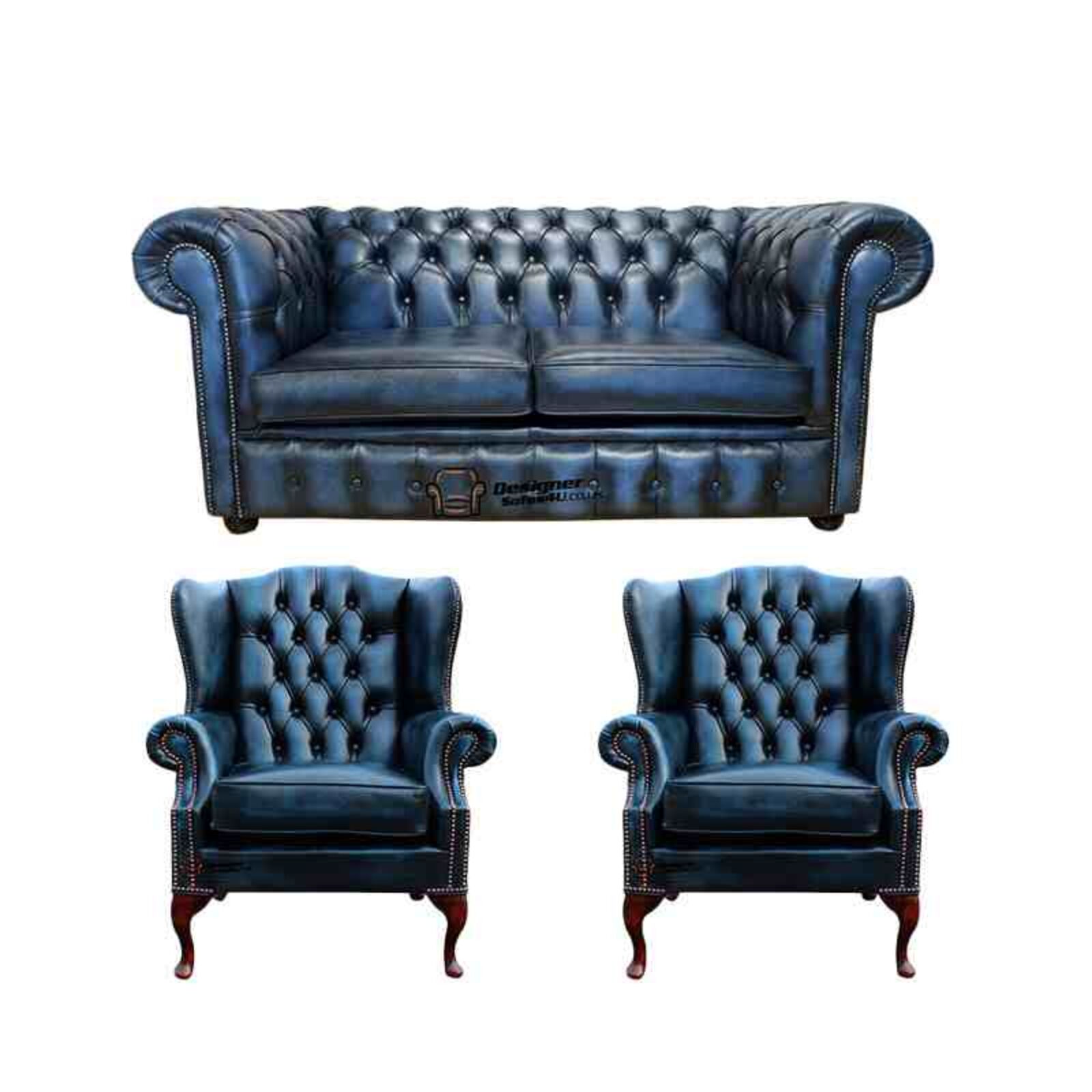 Product photograph of Chesterfield 2 Seater Sofa 2 X Mallory Wing Chairs Leather Sofa Suite Offer Antique Blue from Designer Sofas 4U