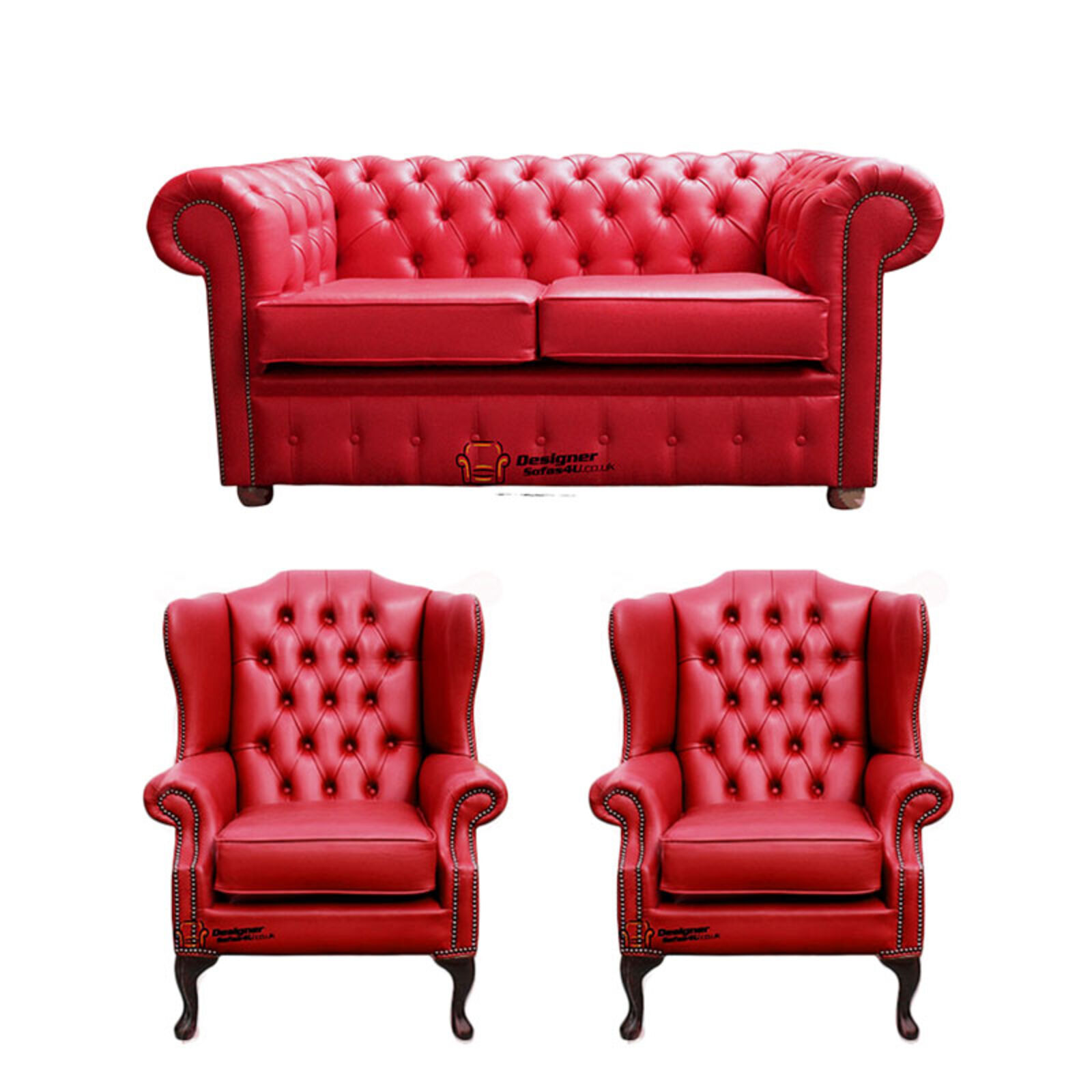 Product photograph of Chesterfield 2 Seater Sofa 2 X Mallory Wing Chairs Old English Gamay Red Leather Sofa Offer from Designer Sofas 4U
