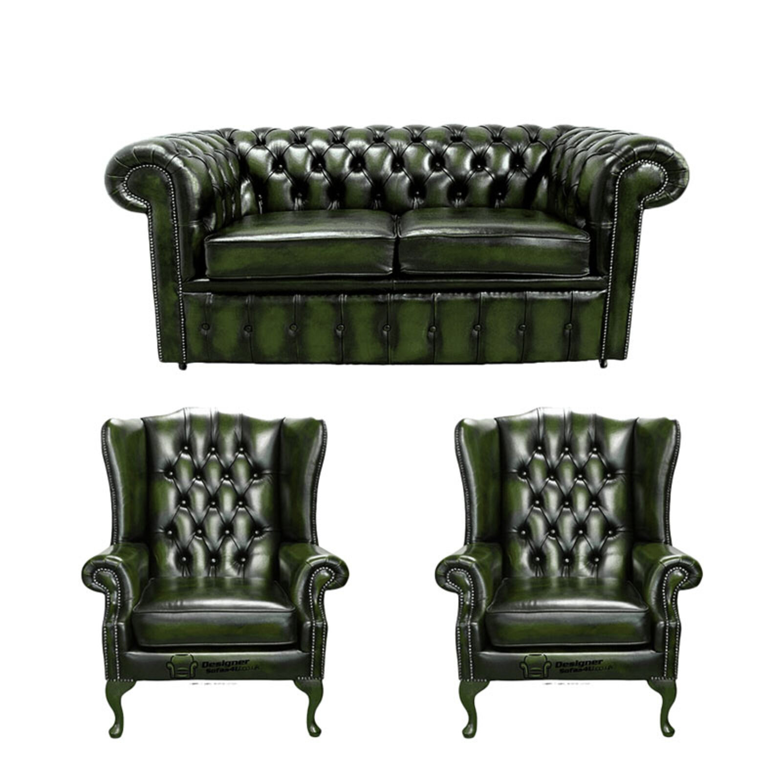 Product photograph of Chesterfield 2 Seater Sofa 2 X Mallory Wing Chairs Leather Sofa Suite Offer Antique Green from Designer Sofas 4U