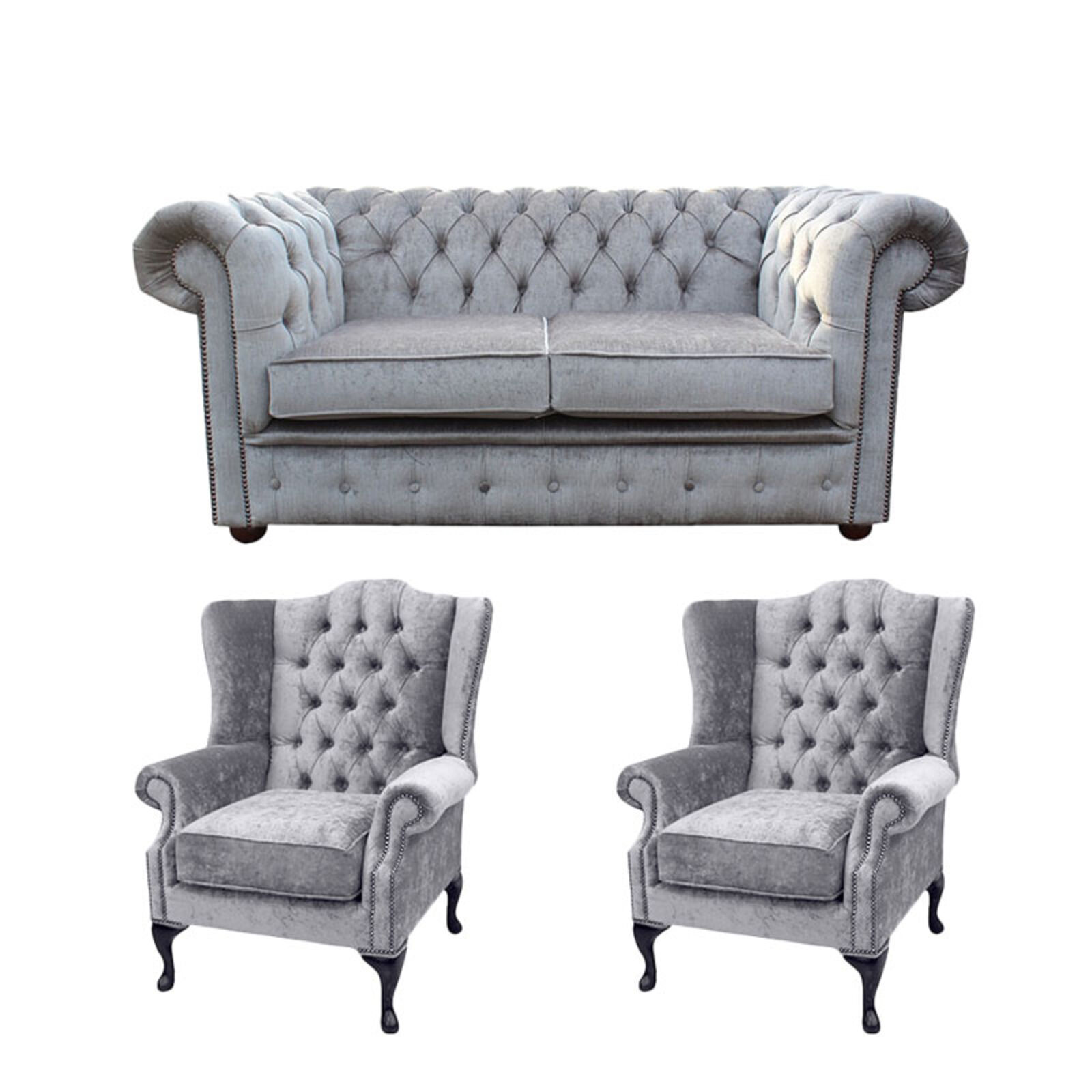 Product photograph of Chesterfield 2 Seater Sofa 2 X Mallory Wing Chair Perla Illusions Velvet Sofa Suite Offer from Designer Sofas 4U