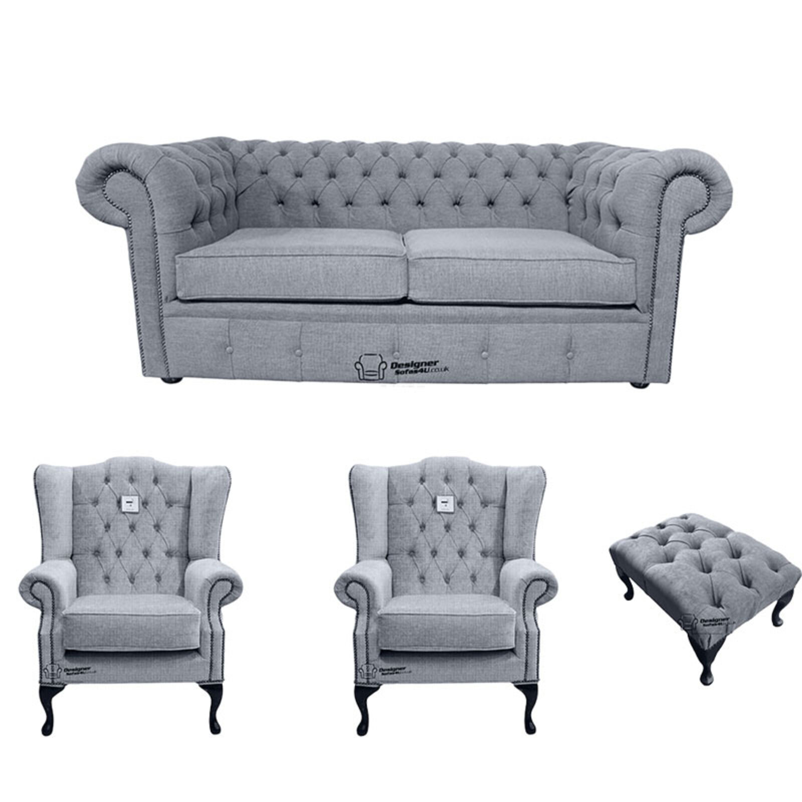 Product photograph of Chesterfield 2 Seater Sofa 2 X Mallory Wing Chair Footstool Verity Plain Steel Fabric Sofa Suite Offer from Designer Sofas 4U