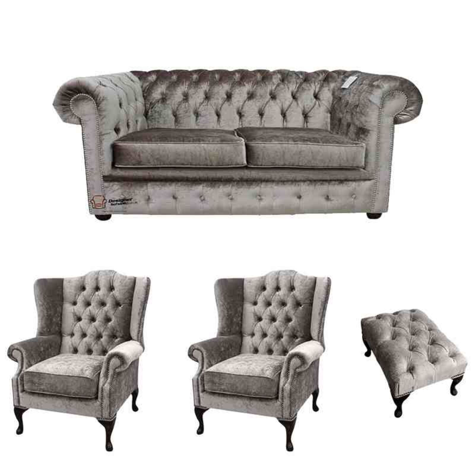 Product photograph of Chesterfield 2 Seater Sofa 2 X Mallory Wing Chair Footstool Verity Silver Fabric Sofa Suite Offer from Designer Sofas 4U