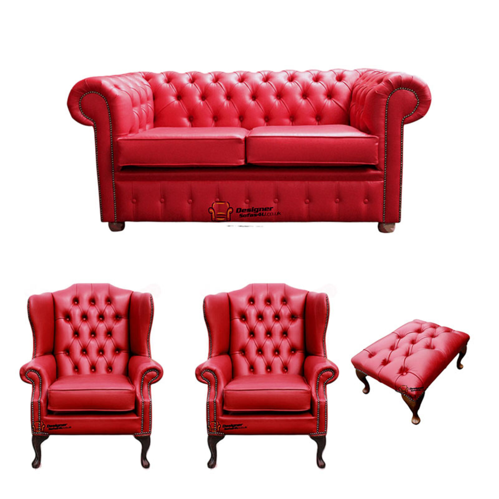 Product photograph of Chesterfield 2 Seater Sofa 2 X Mallory Wing Chairs Footstool Old English Gamay Red Leather Sofa Offer from Designer Sofas 4U