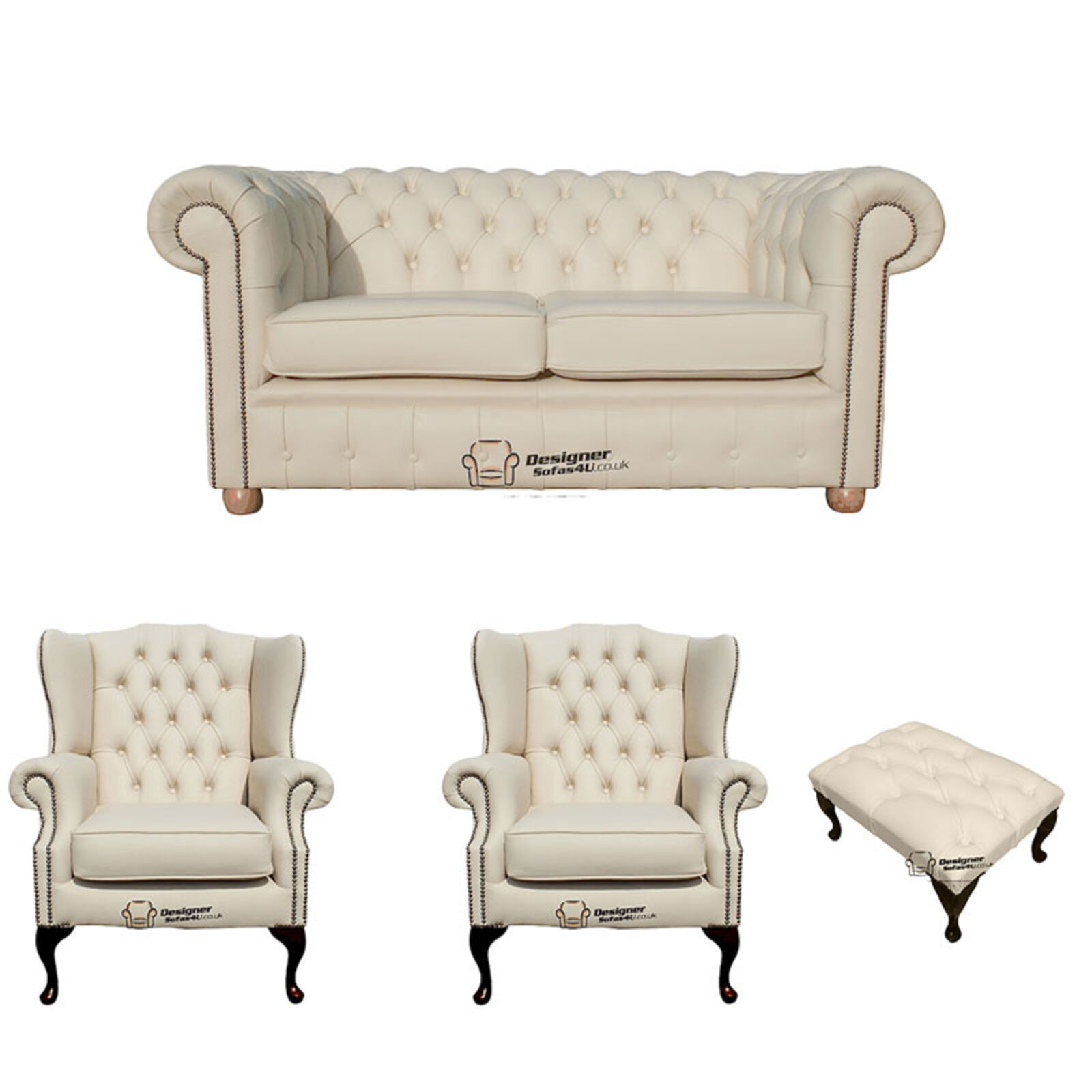 Product photograph of Chesterfield 2 Seater Sofa 2 X Mallory Wing Chair Footstool Leather Sofa Suite Offer Cottonseed Cream from Designer Sofas 4U