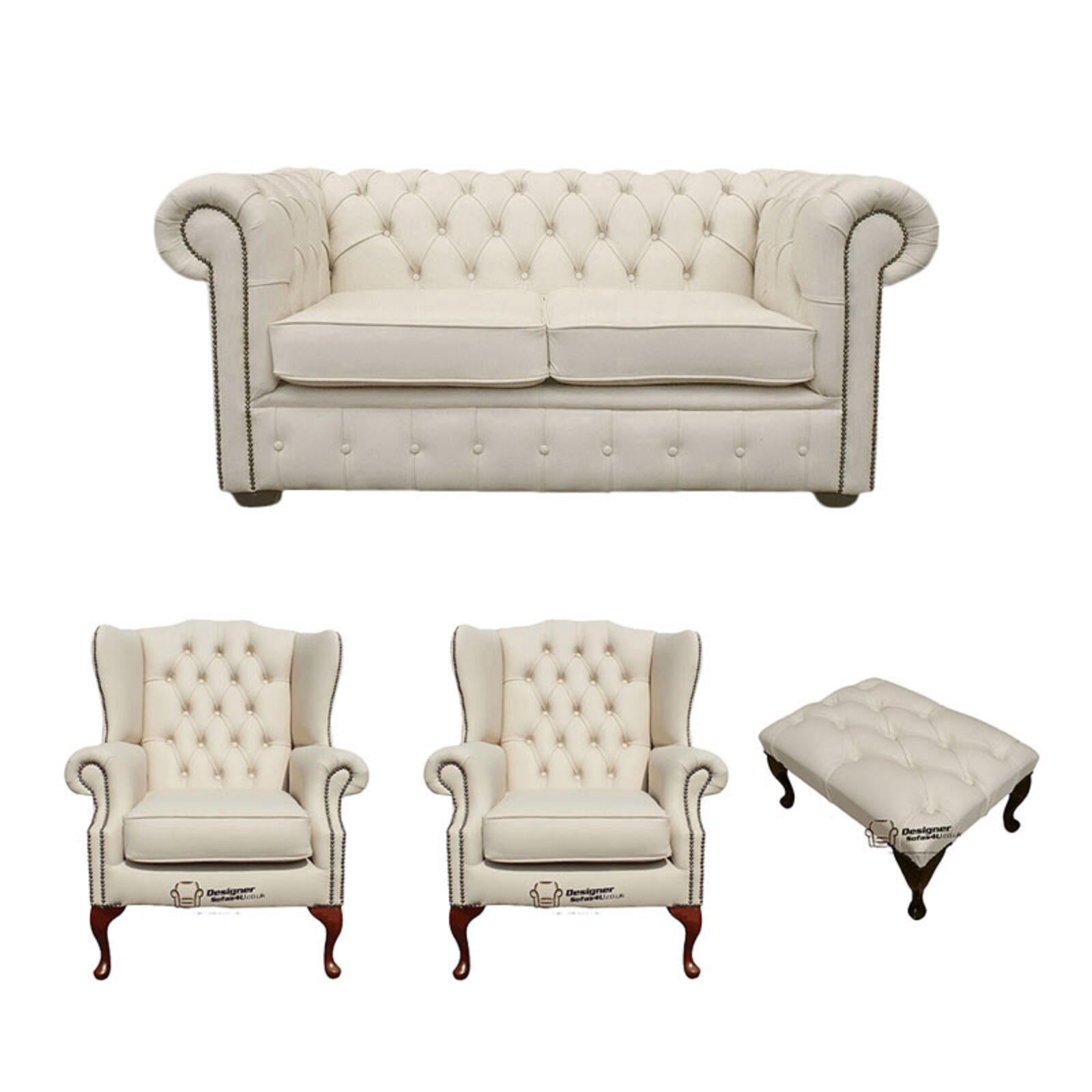 Product photograph of Chesterfield 2 Seater Sofa 2 X Mallory Wing Chair Footstool Leather Sofa Suite Offer Ivory from Designer Sofas 4U
