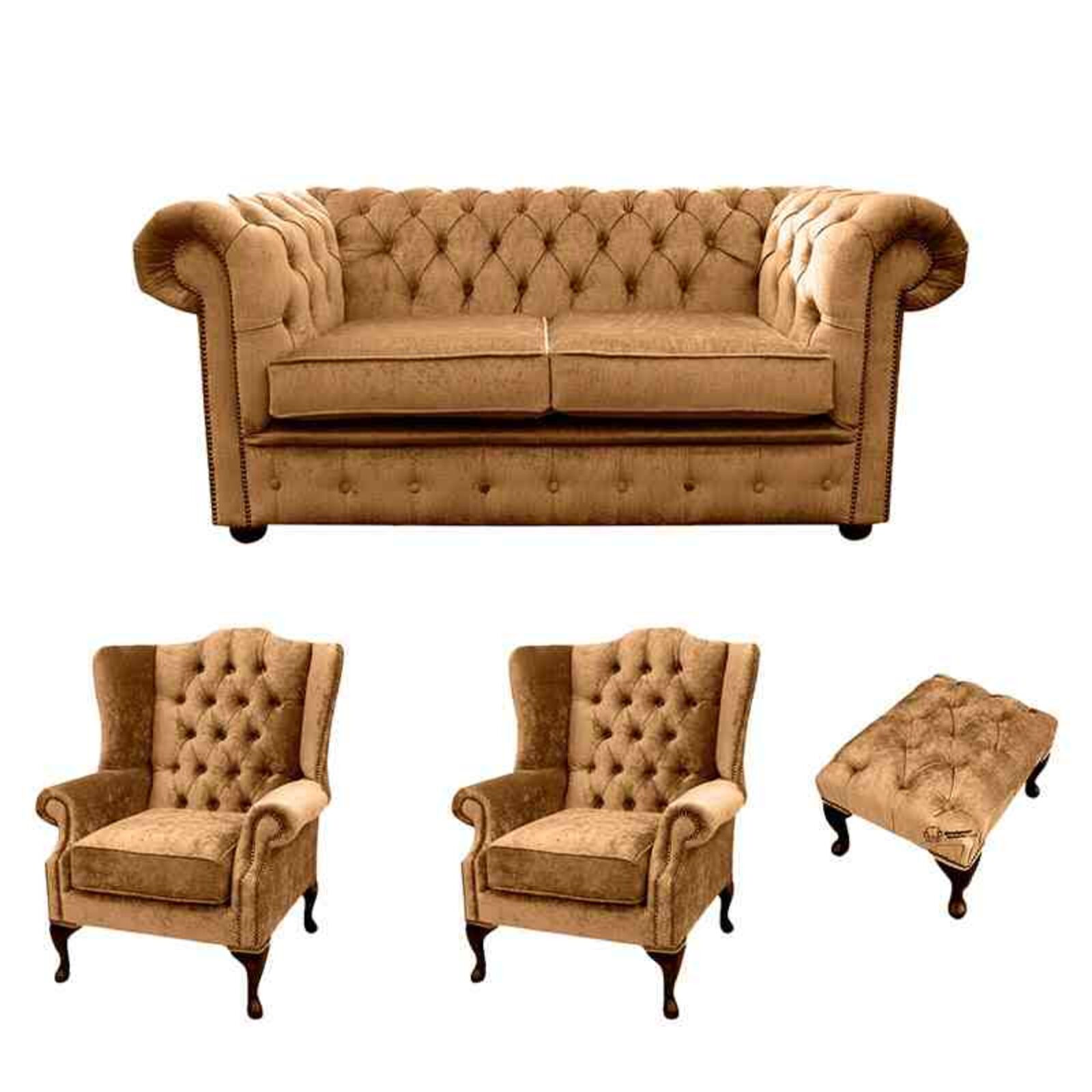 Product photograph of Chesterfield 2 Seater Sofa 2 X Mallory Wing Chairs Footstool Harmony Gold Velvet Sofa Suite Offer from Designer Sofas 4U