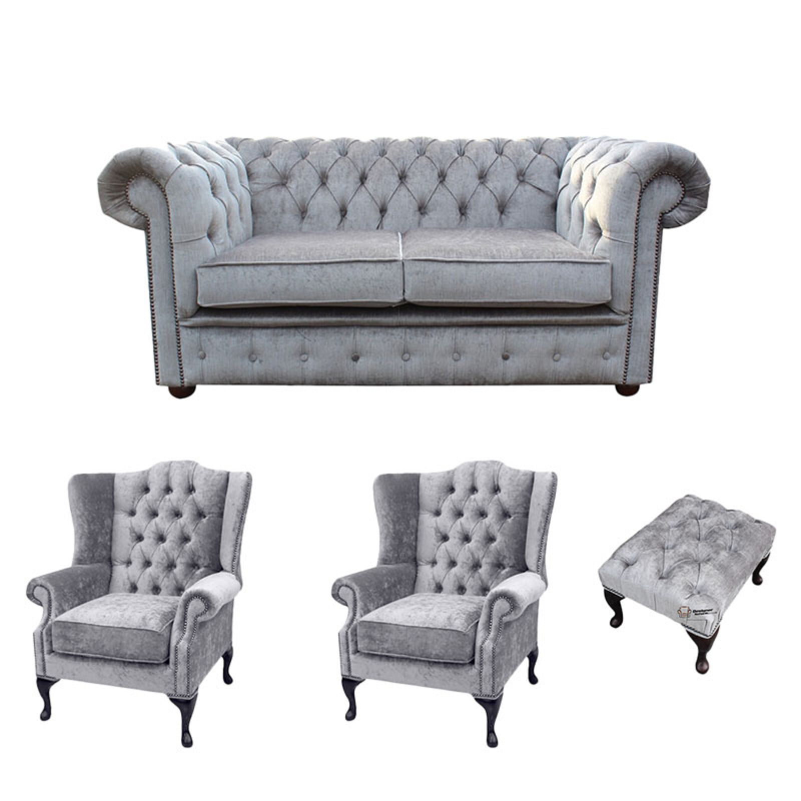 Product photograph of Chesterfield 2 Seater Sofa 2 X Mallory Wing Chair Footstool Harmony Dusk Velvet Sofa Suite Offer from Designer Sofas 4U