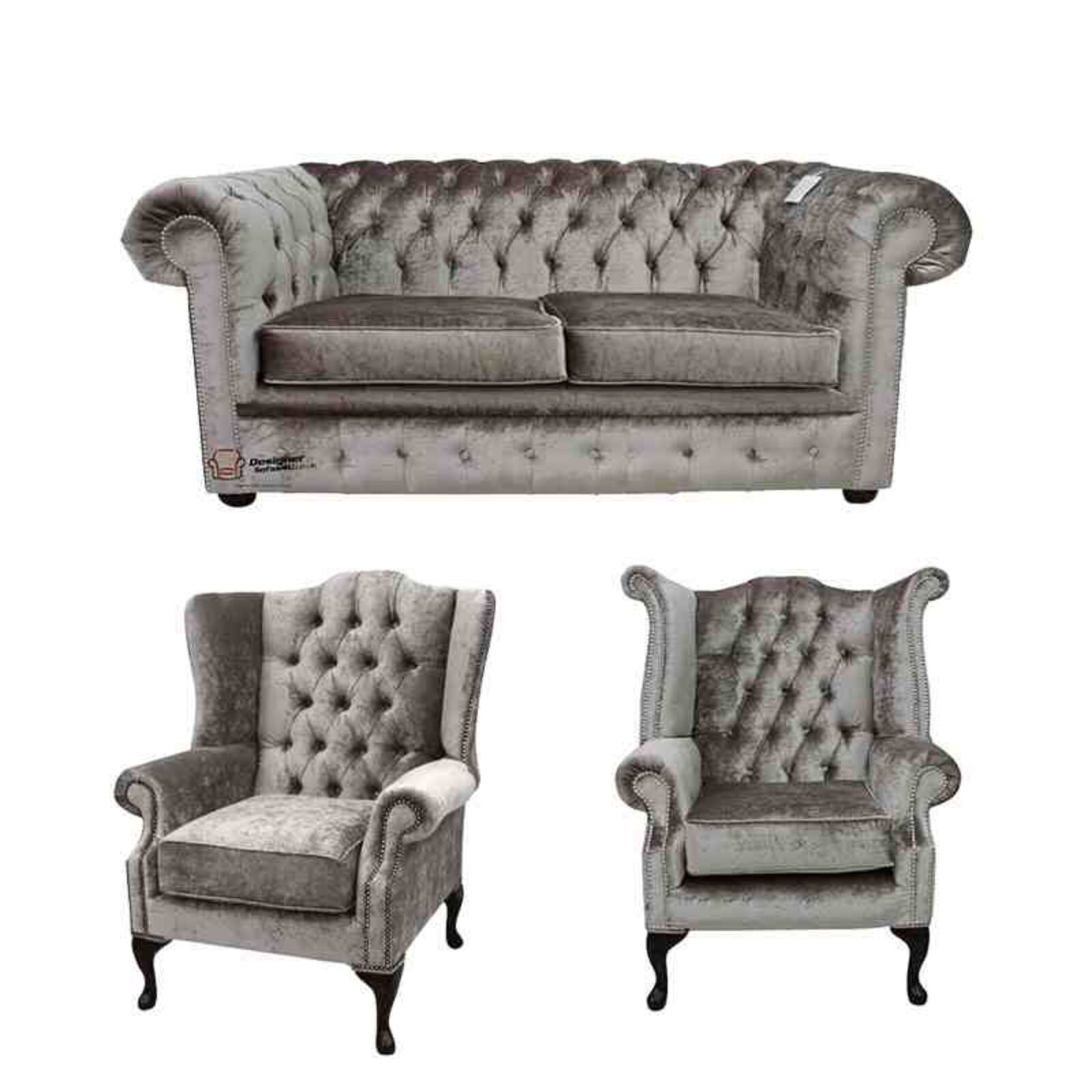 Product photograph of Chesterfield 2 Seater Sofa 1 X Mallory Wing Chair 1 X Queen Anne Wing Chair Verity Silver Fabric Sofa Suite Offer from Designer Sofas 4U