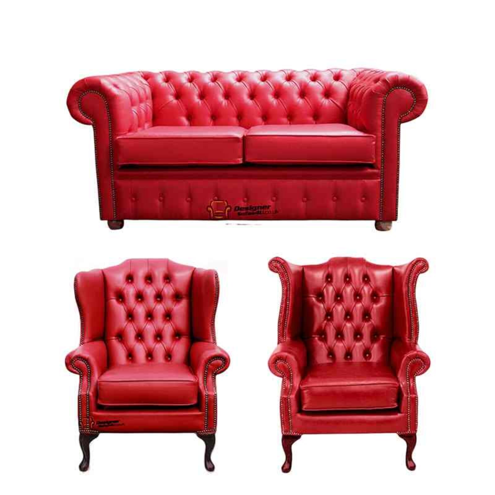 Product photograph of Chesterfield 2 Seater Sofa 1 X Mallory Wing Chair 1 X Queen Anne Chair Old English Gamay Red Leather Sofa Offer from Designer Sofas 4U