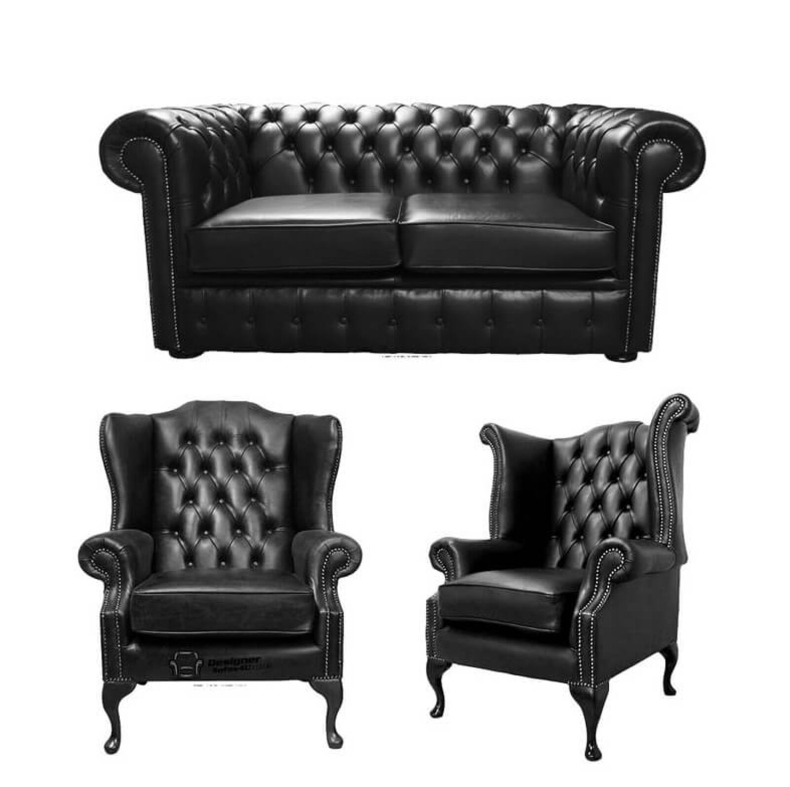 Product photograph of Chesterfield 2 Seater Sofa 1 X Mallory Wing Chair 1 X Queen Anne Chair Old English Black Leather Sofa Offer from Designer Sofas 4U