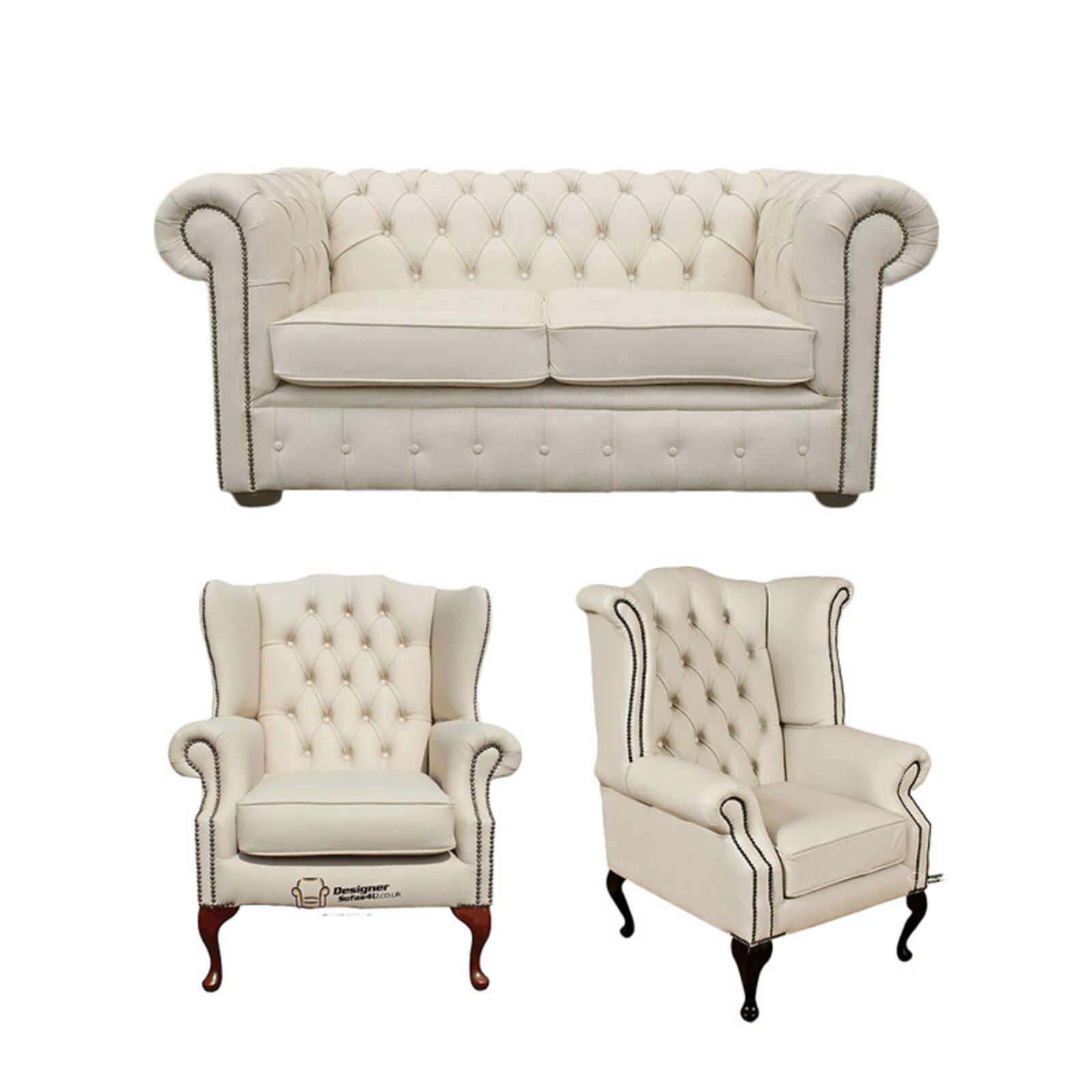 Product photograph of Chesterfield 2 Seater Sofa 1 X Mallory Wing Chair 1 X Queen Anne Wing Chair Leather Sofa Suite Offer Ivory from Designer Sofas 4U