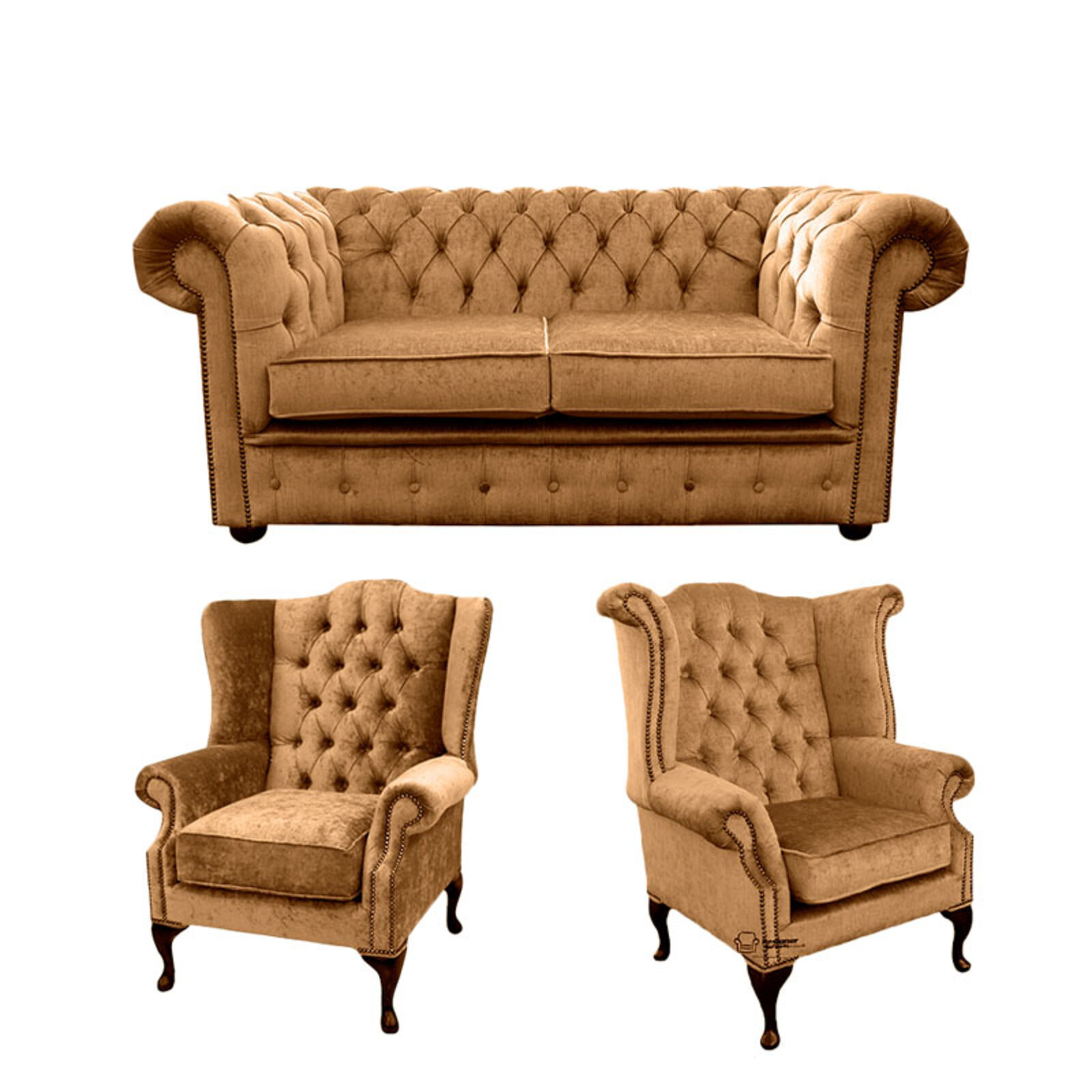 Product photograph of Chesterfield 2 Seater Sofa 1 X Mallory Wing Chair 1 X Queen Anne Wing Chair Harmony Gold Velvet Sofa Suite Offer from Designer Sofas 4U