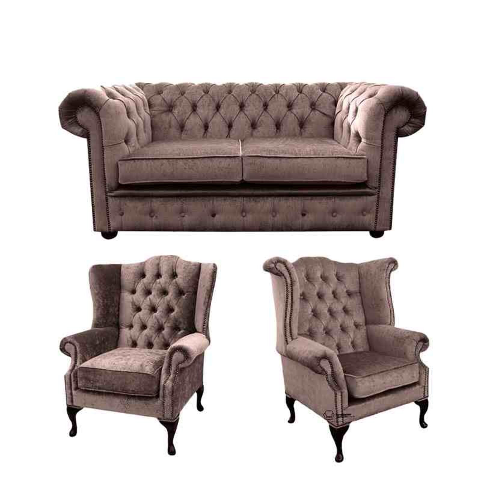 Product photograph of Chesterfield 2 Seater Sofa 1 X Mallory Wing Chair 1 X Queen Anne Wing Chair Harmony Charcoal Velvet Sofa Suite Offer from Designer Sofas 4U