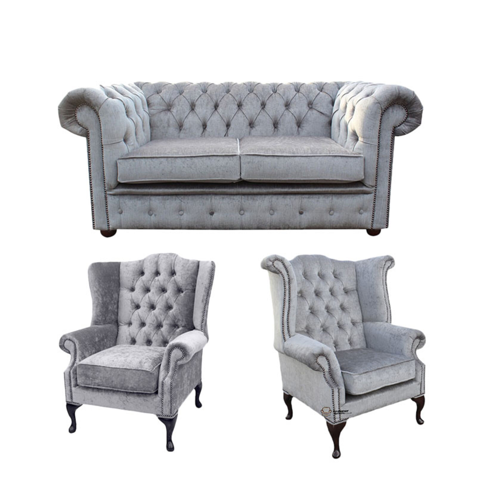 Product photograph of Chesterfield 2 Seater Sofa 1 X Mallory Wing Chair 1 X Queen Anne Wing Chair Harmony Dusk Velvet Sofa Suite Offer from Designer Sofas 4U