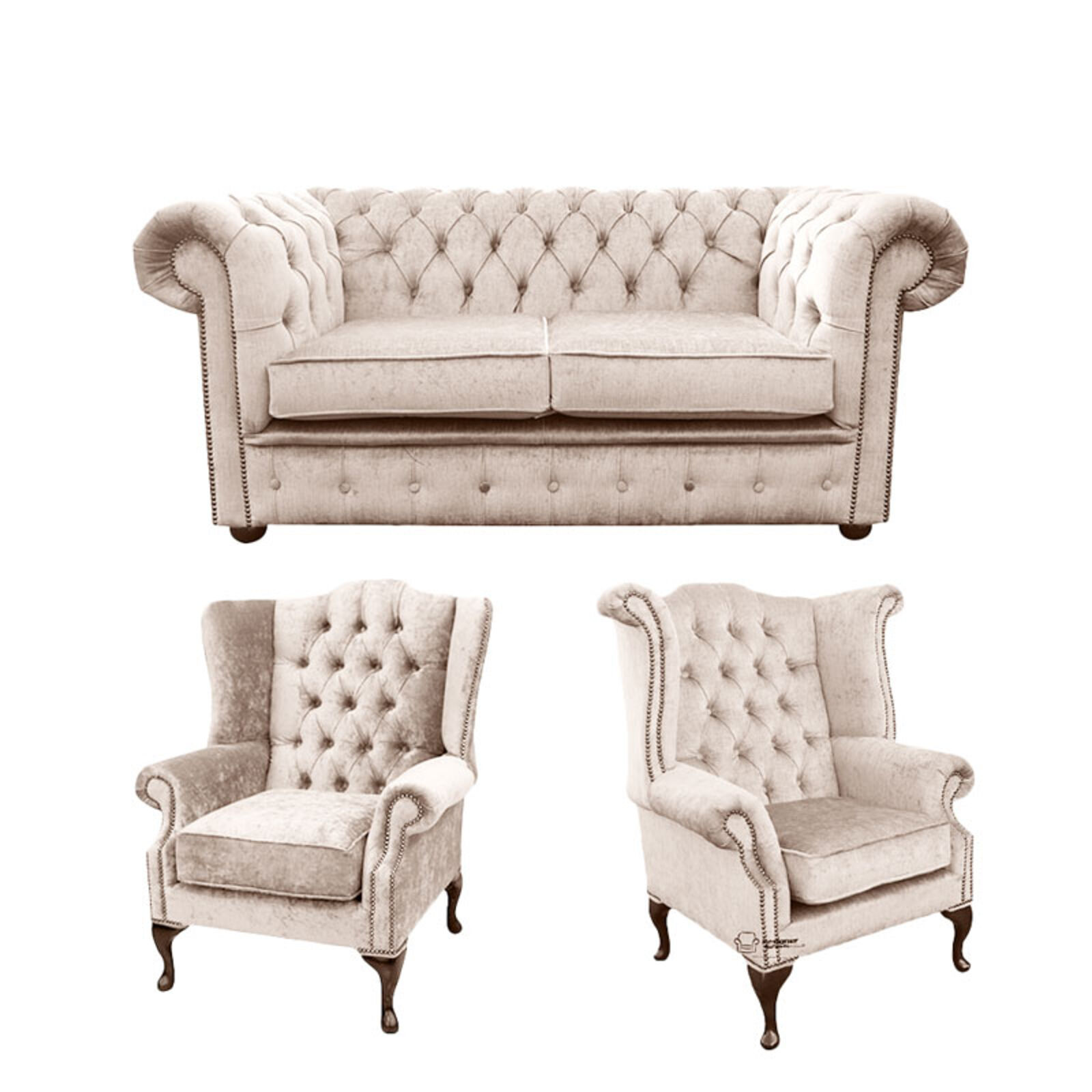 Product photograph of Chesterfield 2 Seater Sofa 1 X Mallory Wing Chair 1 X Queen Anne Wing Chair Harmony Ivory Velvet Sofa Suite Offer from Designer Sofas 4U