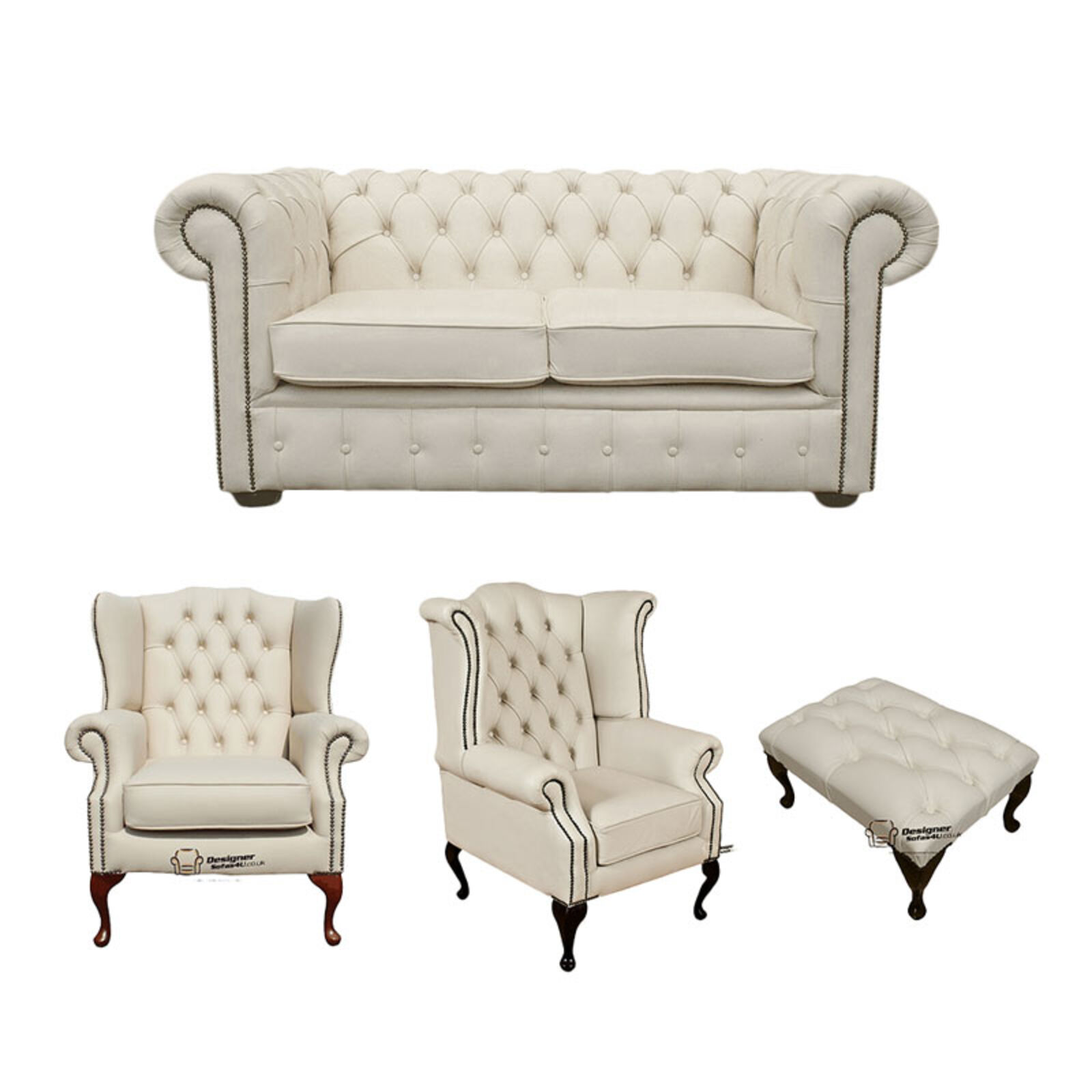 Product photograph of Chesterfield 2 Seater Sofa 1 X Mallory Wing Chair 1 X Queen Anne Wing Chair Footstool Leather Sofa Suite Offer Ivory from Designer Sofas 4U