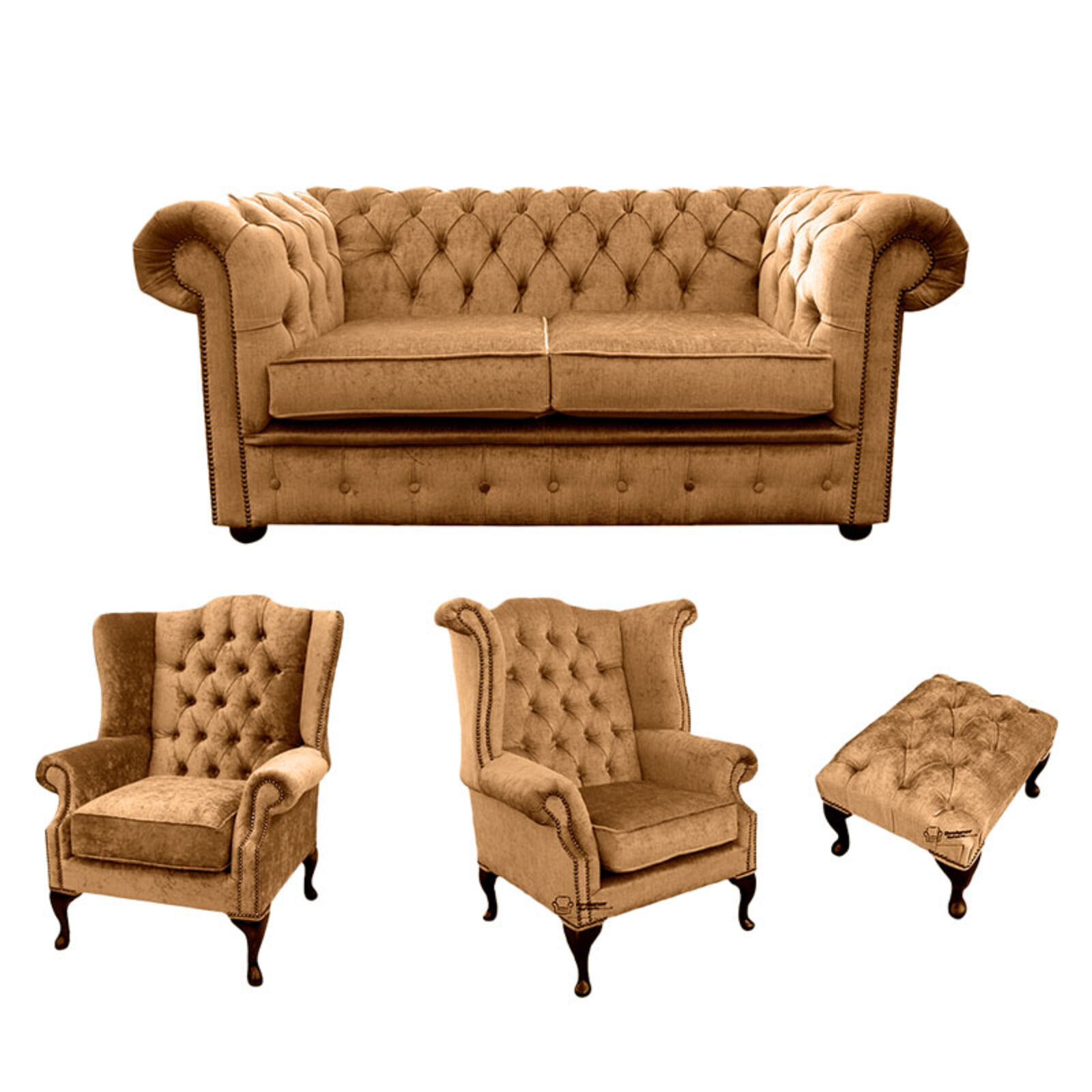 Product photograph of Chesterfield 2 Seater Sofa 1 X Mallory Wing Chair 1 X Queen Anne Wing Chair Footstool Harmony Gold Velvet Sofa Suite Offer from Designer Sofas 4U