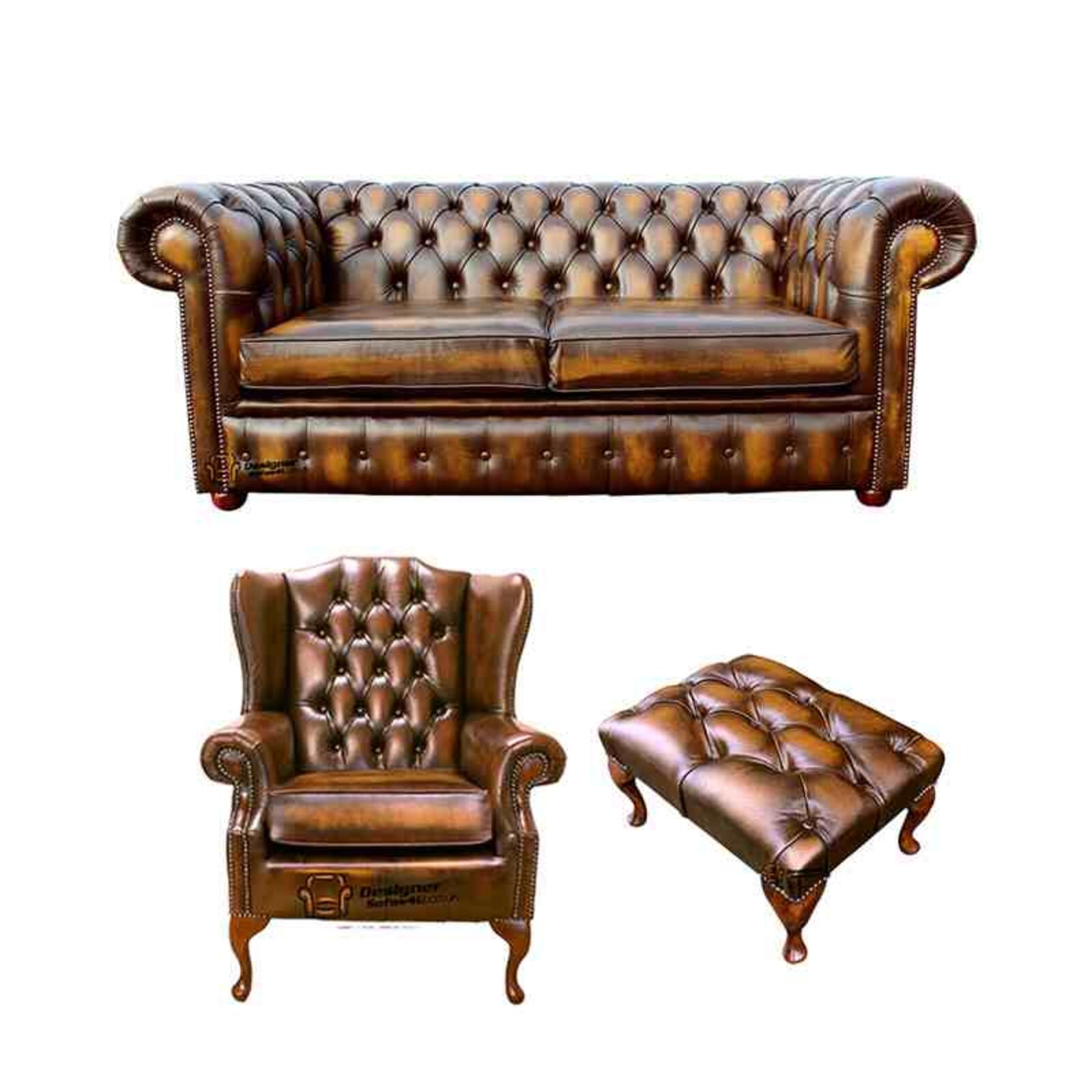 Product photograph of Chesterfield 2 Seater Sofa Mallory Wing Chair Footstool Leather Sofa Suite Offer Antique Gold from Designer Sofas 4U
