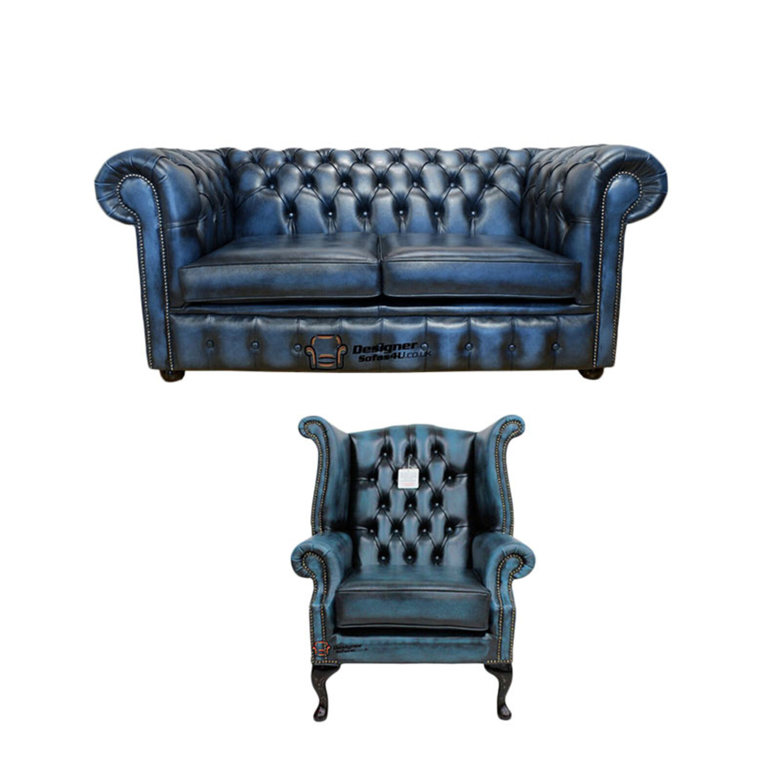 Product photograph of Chesterfield 2 Seater Sofa Queen Anne Wing Chair Leather Sofa Suite Offer Antique Blue from Designer Sofas 4U