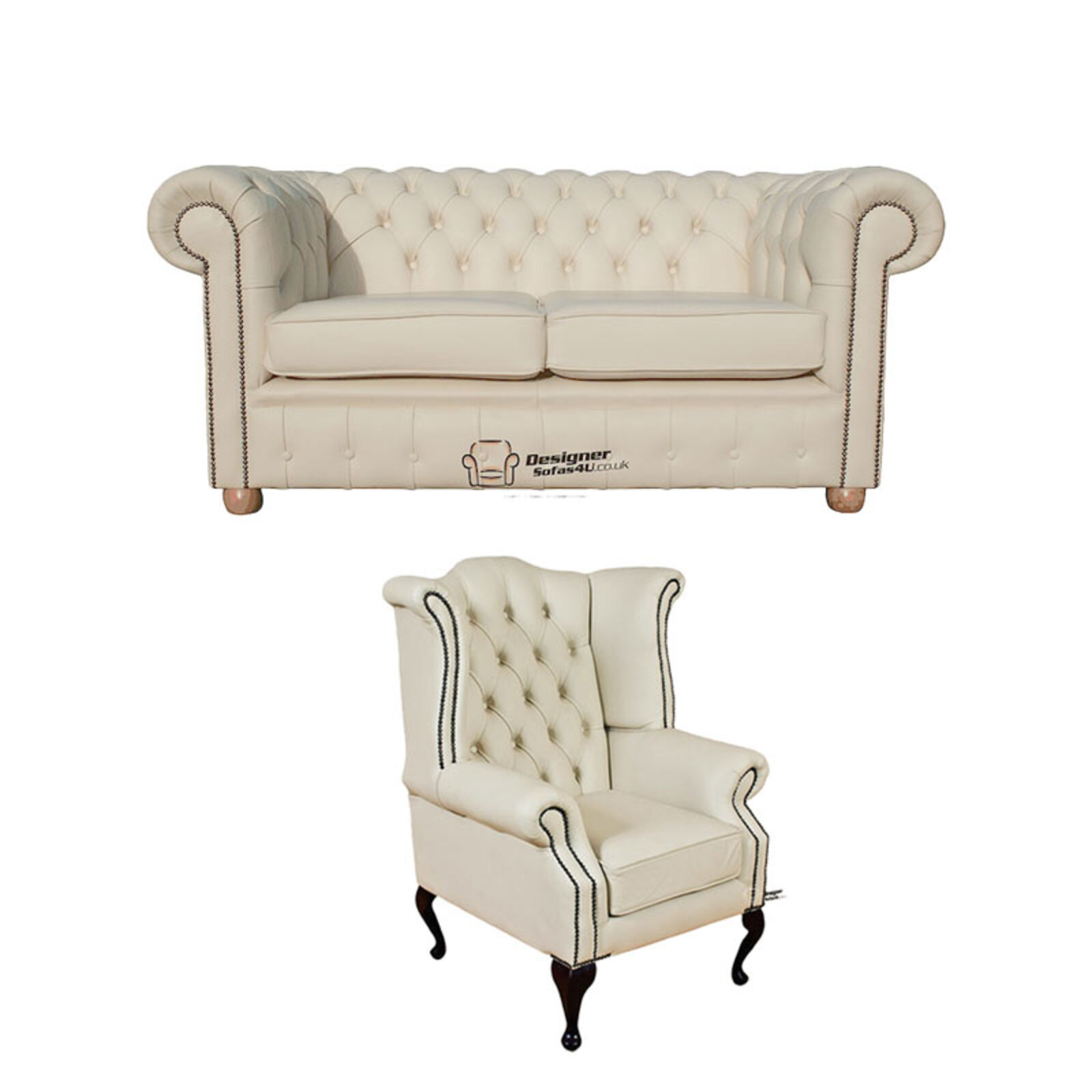 Product photograph of Chesterfield 2 Seater Sofa Queen Anne Wing Chair Leather Sofa Suite Offer Cottonseed Cream from Designer Sofas 4U
