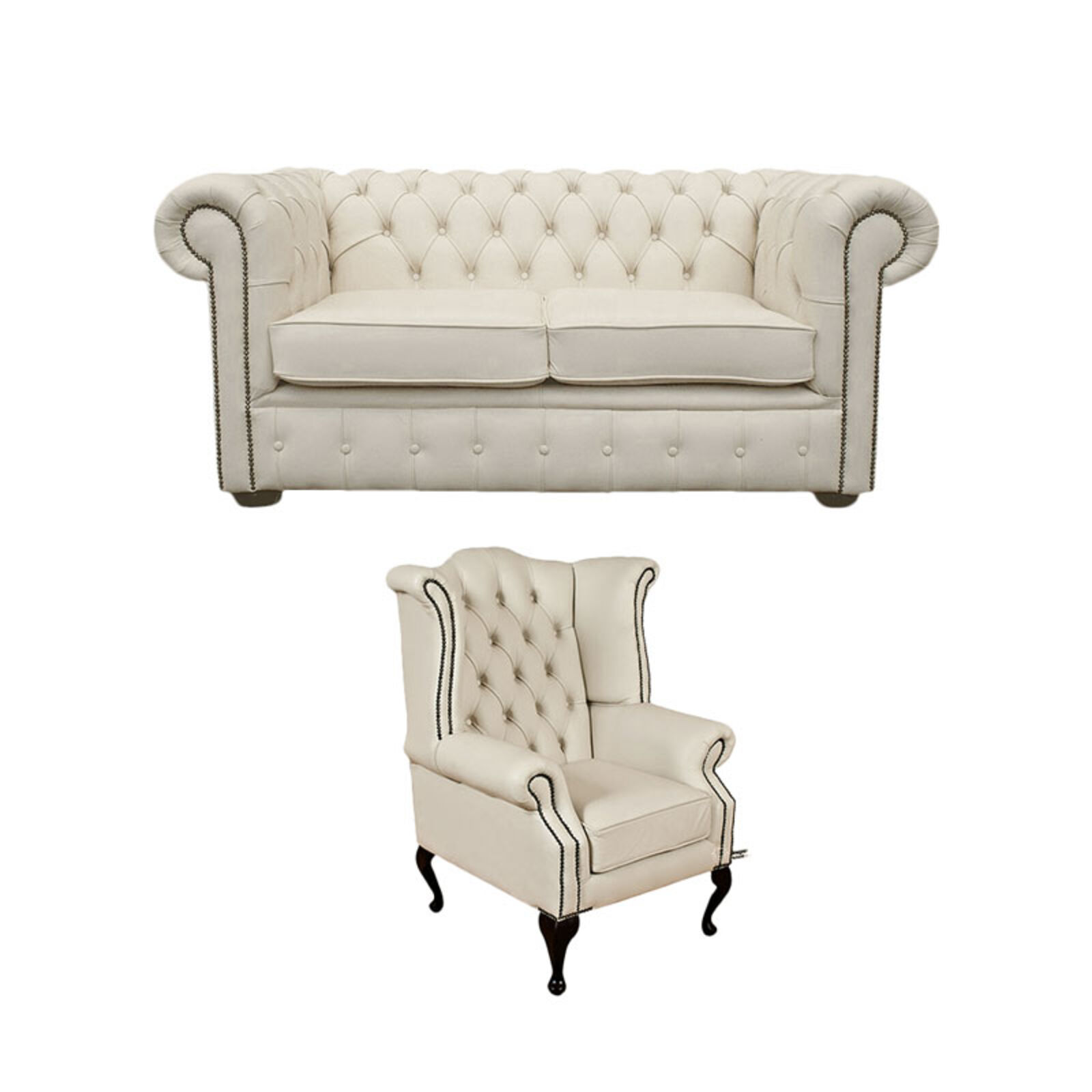 Product photograph of Chesterfield 2 Seater Sofa Queen Anne Wing Chair Leather Sofa Suite Offer Ivory from Designer Sofas 4U