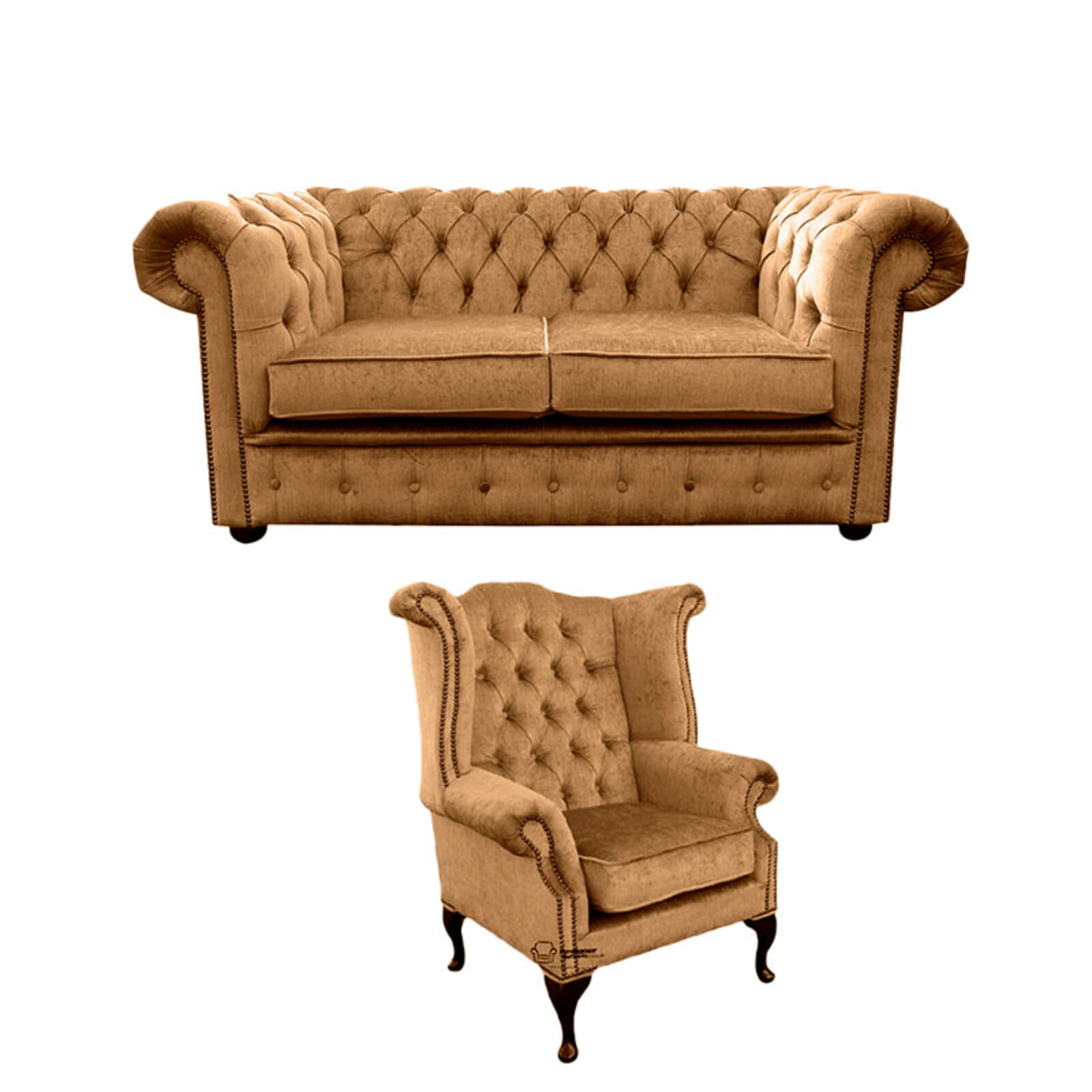 Product photograph of Chesterfield 2 Seater Sofa Queen Anne Wing Chair Harmony Gold Velvet Sofa Suite Offer from Designer Sofas 4U