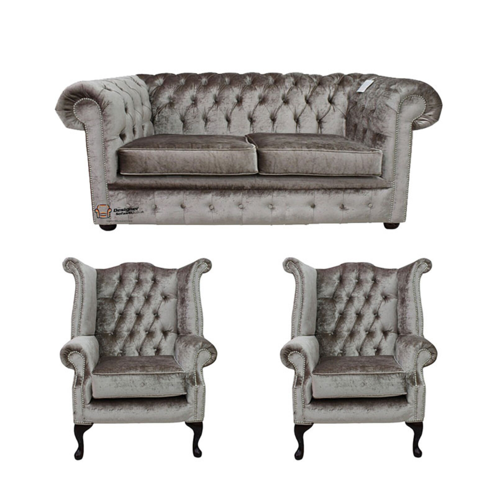 Product photograph of Chesterfield 2 Seater Sofa 2 X Queen Anne Chairs Boutique Beige Velvet Sofa Suite Offer from Designer Sofas 4U
