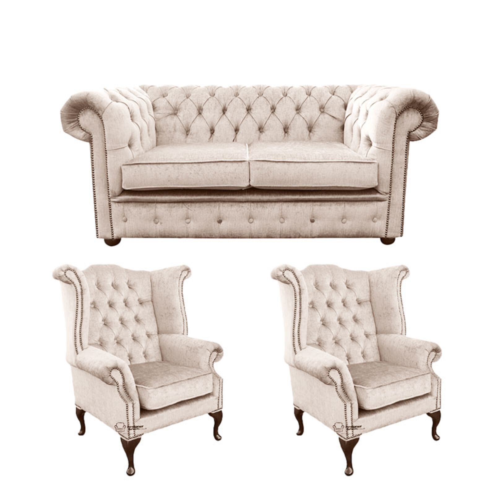 Product photograph of Chesterfield 2 Seater Sofa 2 X Queen Anne Wing Chairs Harmony Ivory Velvet Sofa Suite Offer from Designer Sofas 4U