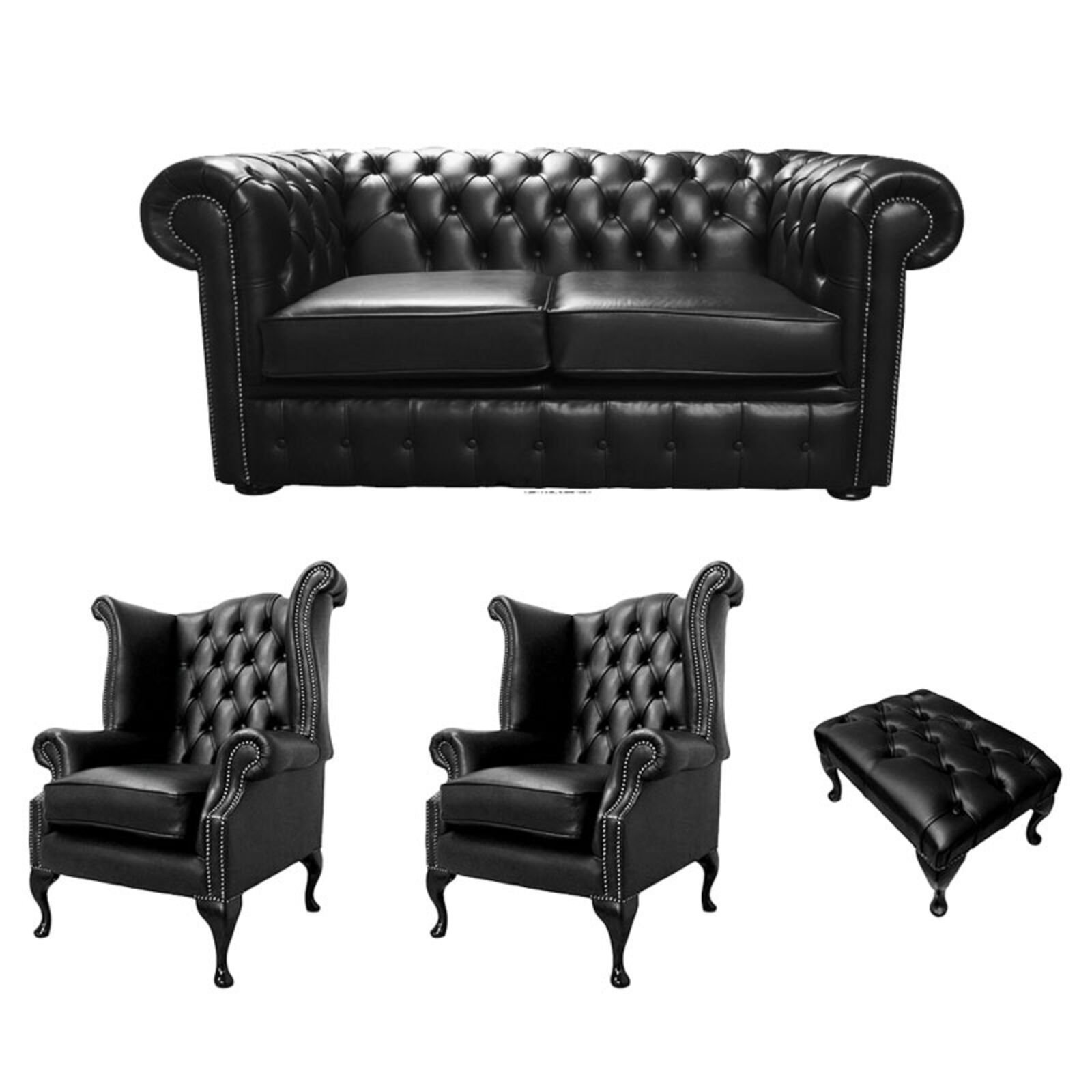 Product photograph of Chesterfield 2 Seater Sofa 2 X Queen Anne Chairs Footstool Old English Black Leather Sofa Offer from Designer Sofas 4U