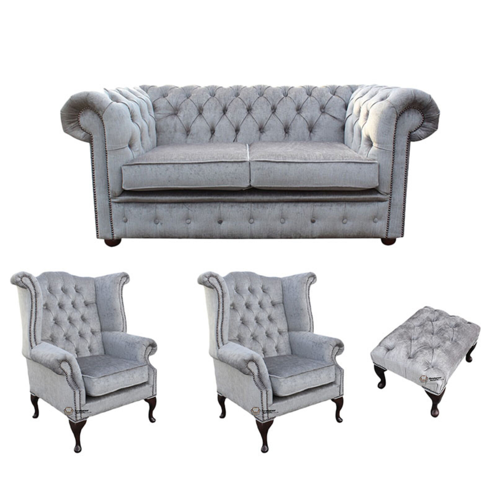 Product photograph of Chesterfield 2 Seater Sofa 2 X Queen Anne Wing Chairs Footstool Harmony Dusk Velvet Sofa Suite Offer from Designer Sofas 4U