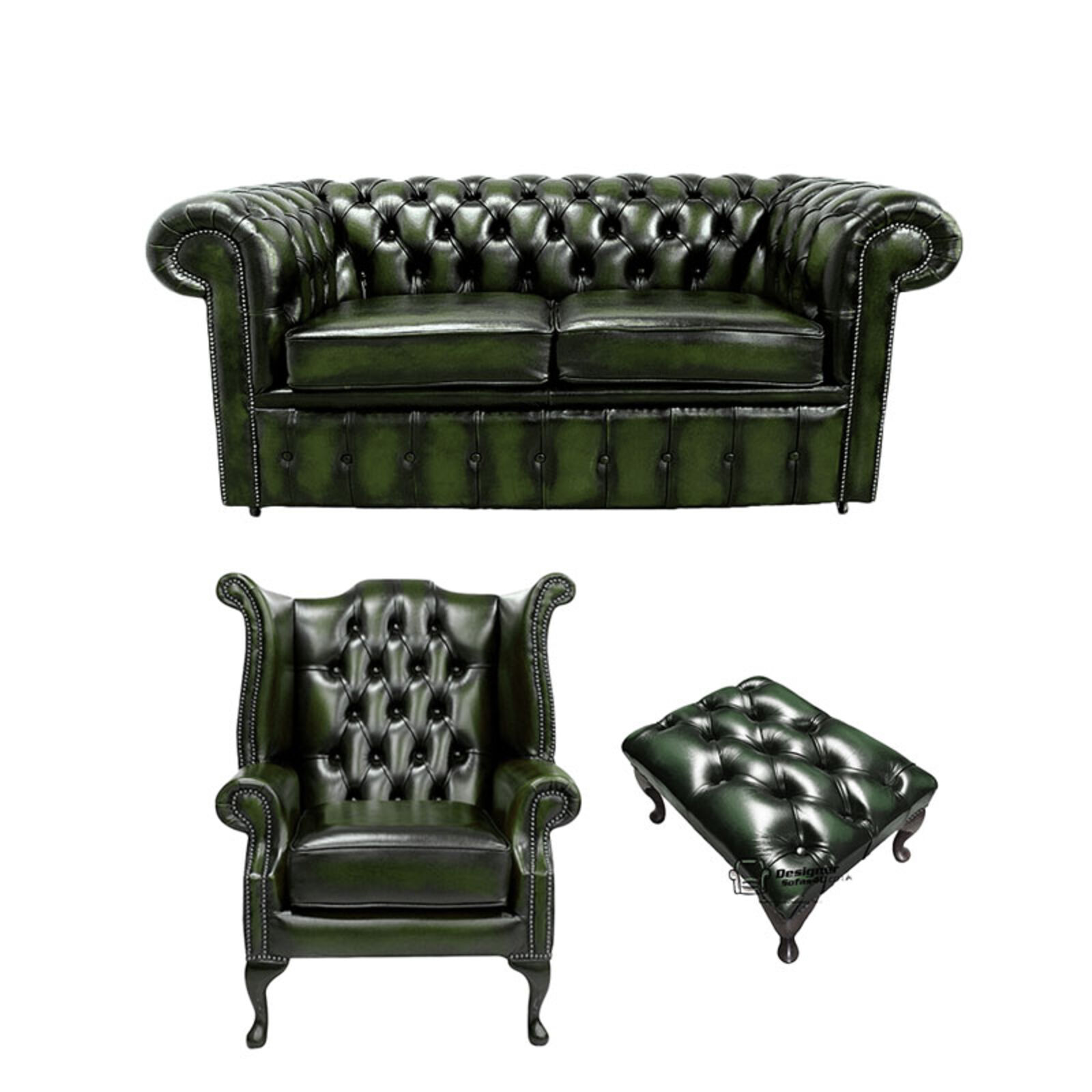 Product photograph of Chesterfield 2 Seater Sofa Queen Anne Footstool Leather Sofa Suite Offer Antique Green from Designer Sofas 4U