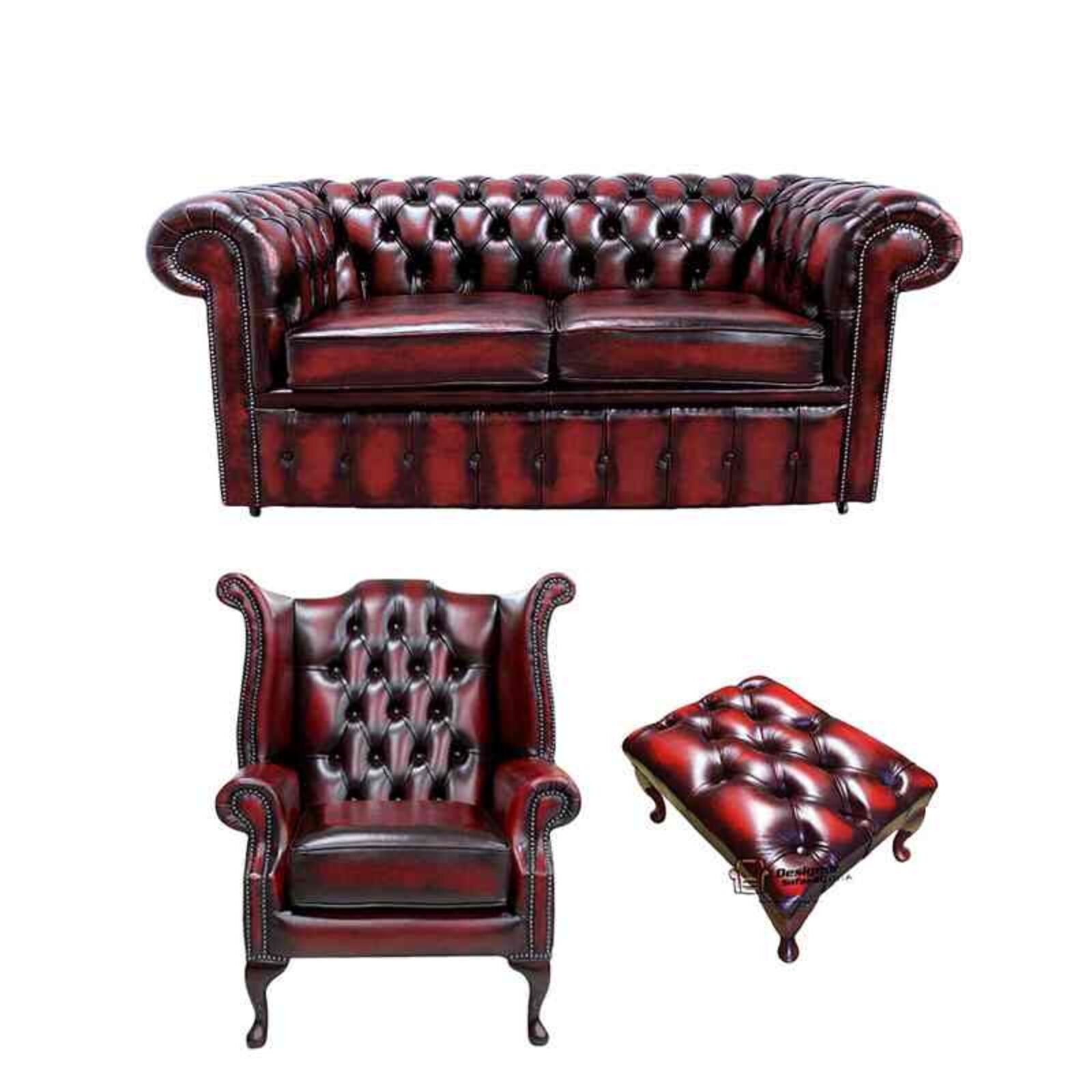 Product photograph of Chesterfield 2 Seater Sofa Queen Anne Footstool Leather Sofa Suite Offer Antique Oxblood from Designer Sofas 4U