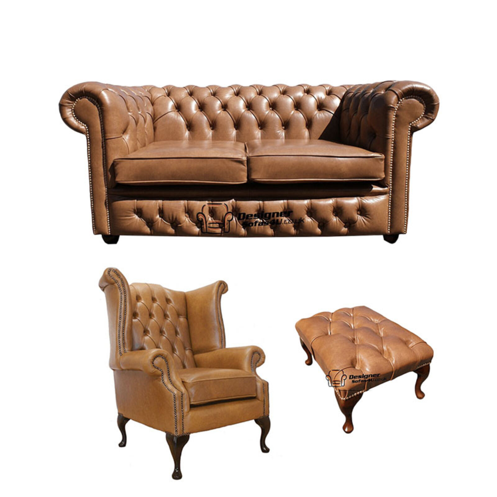 Product photograph of Chesterfield 2 Seater Sofa Queen Anne Chairs Footstool Old English Tan Leather Sofa Offer from Designer Sofas 4U