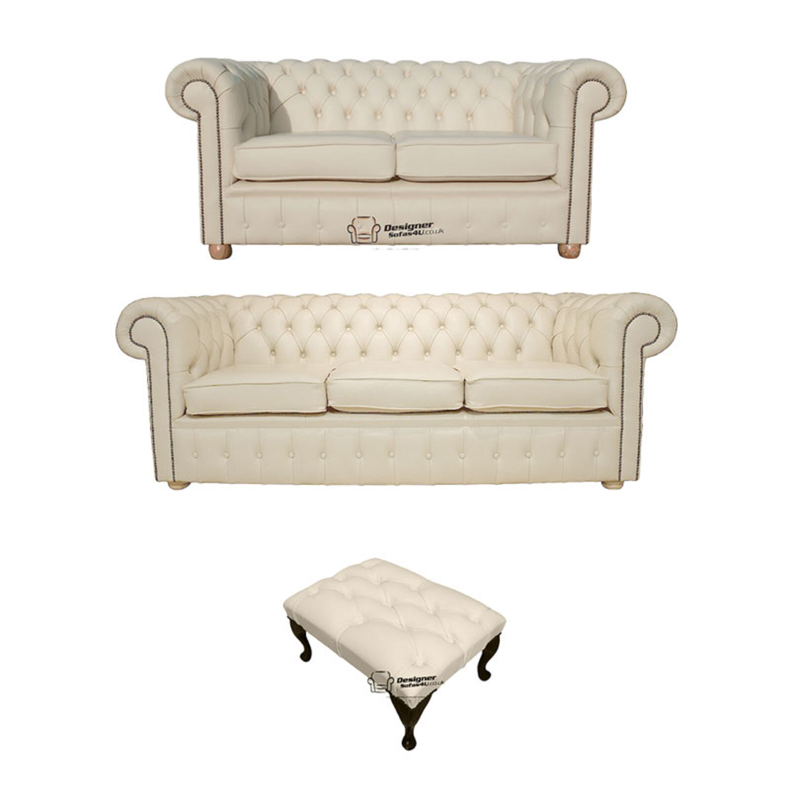 Product photograph of Chesterfield 3 2 Footstool Leather Sofa Offer Cottonseed Cream Leather from Designer Sofas 4U