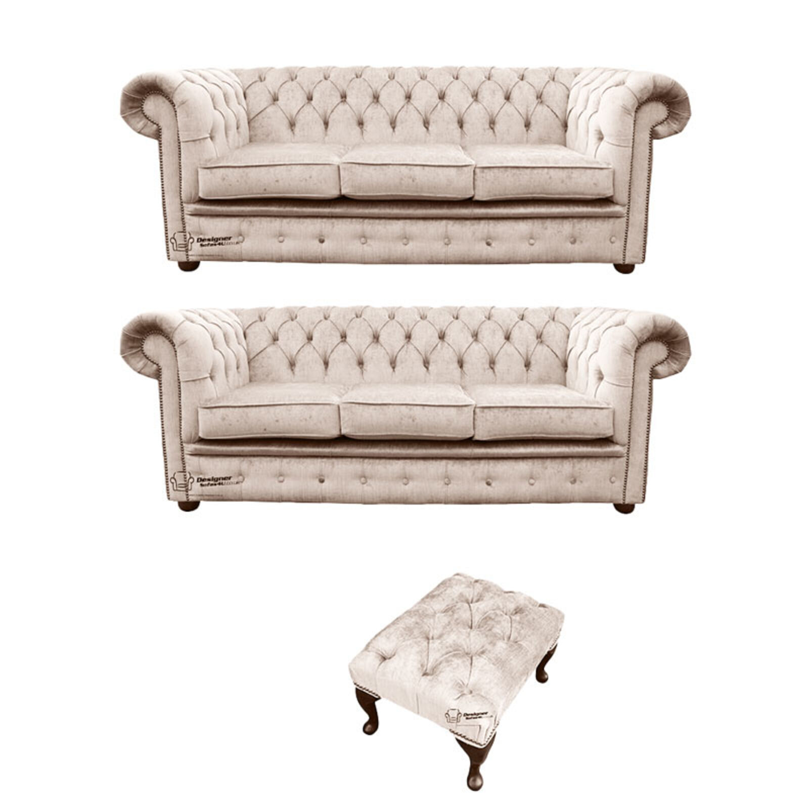 Product photograph of Chesterfield 3 Seater 3 Seater Settee Footstool Harmony Ivory Velvet Sofa Suite Offer from Designer Sofas 4U