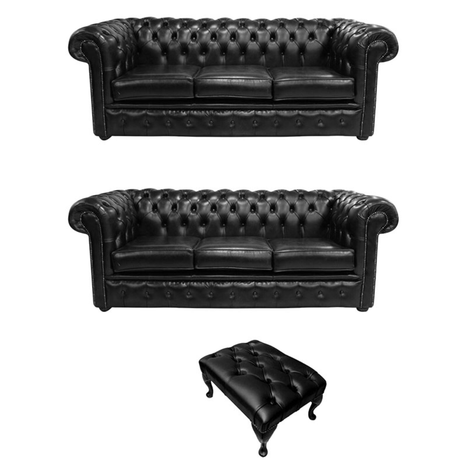 Product photograph of Chesterfield 3 Seater 3 Seater Footstool Old English Black Leather Sofa Offer from Designer Sofas 4U