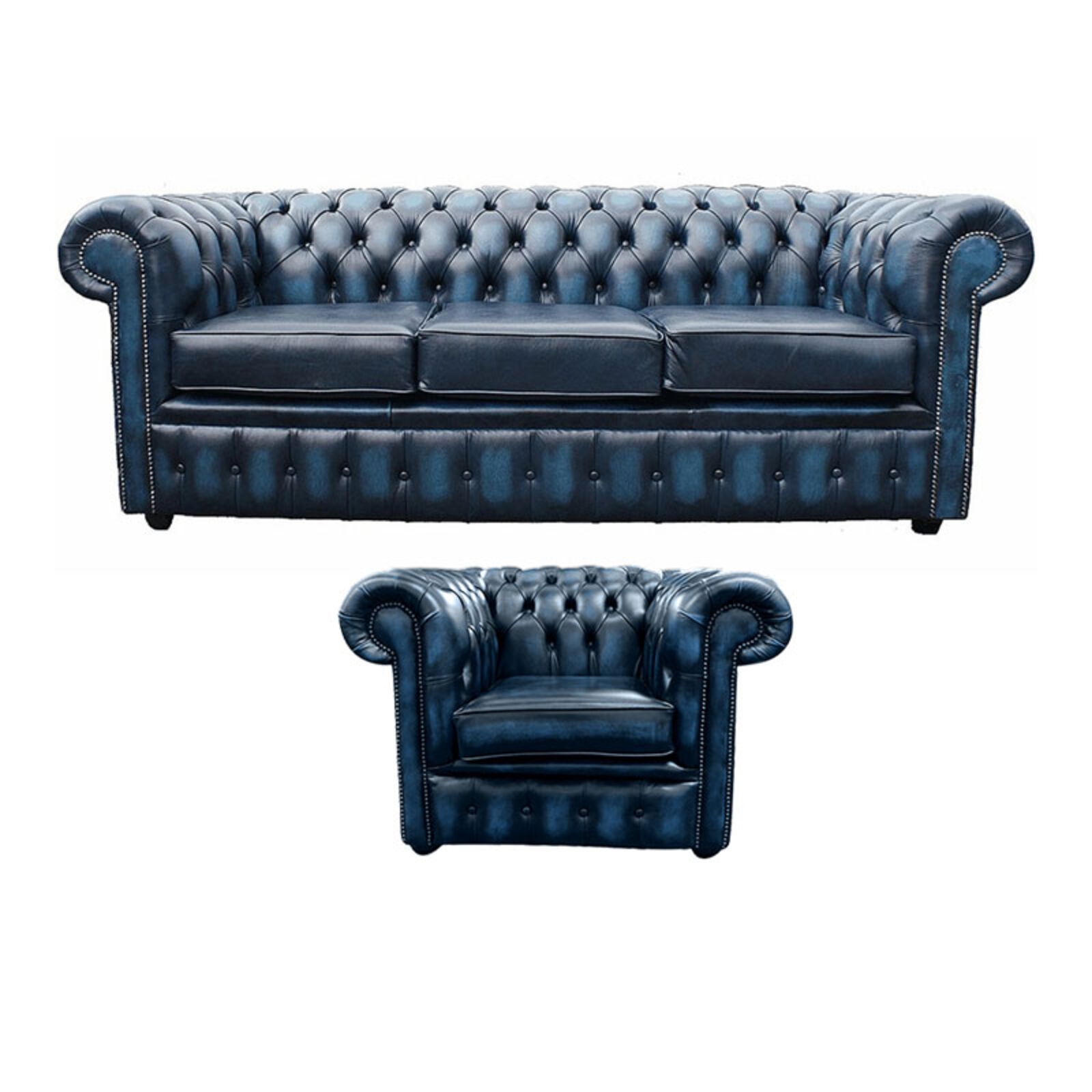 Product photograph of Chesterfield 3 Seater Sofa Club Chair Leather Sofa Suite Offer Antique Blue from Designer Sofas 4U