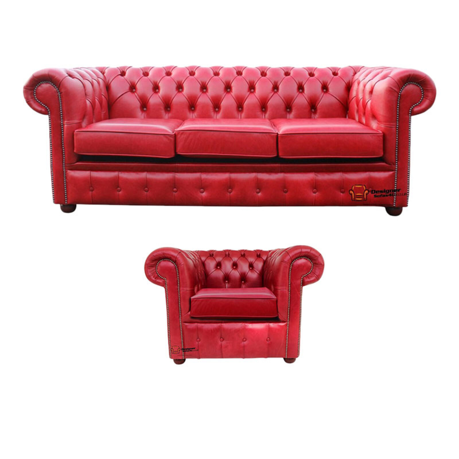 Product photograph of Chesterfield 3 Seater Club Chair Old English Gamay Red Leather Sofa Offer from Designer Sofas 4U